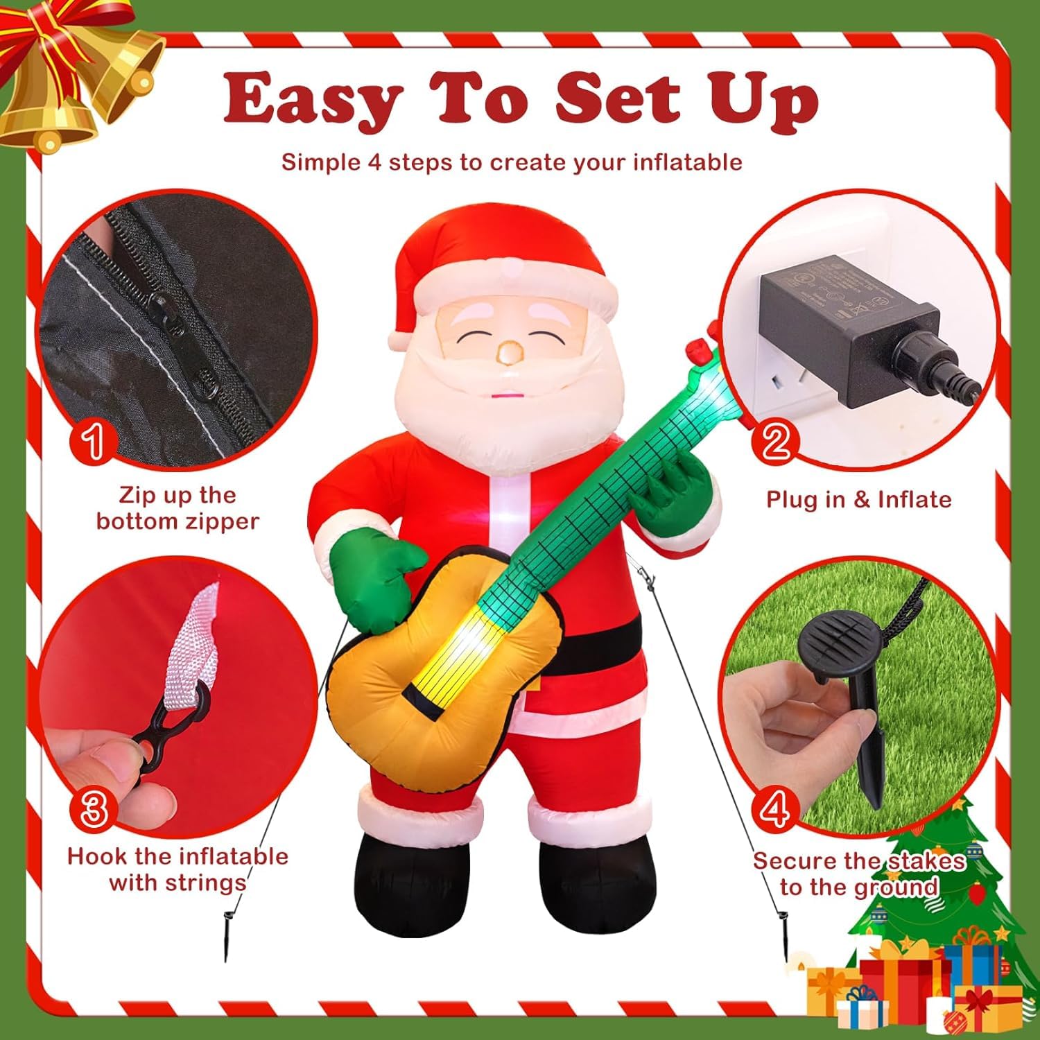 6.5 Ft Christmas Inflatable Santa Claus With Guitar, Blow Up Santa Christmas Decorations Outdoor, Unique Lighted Xmas De