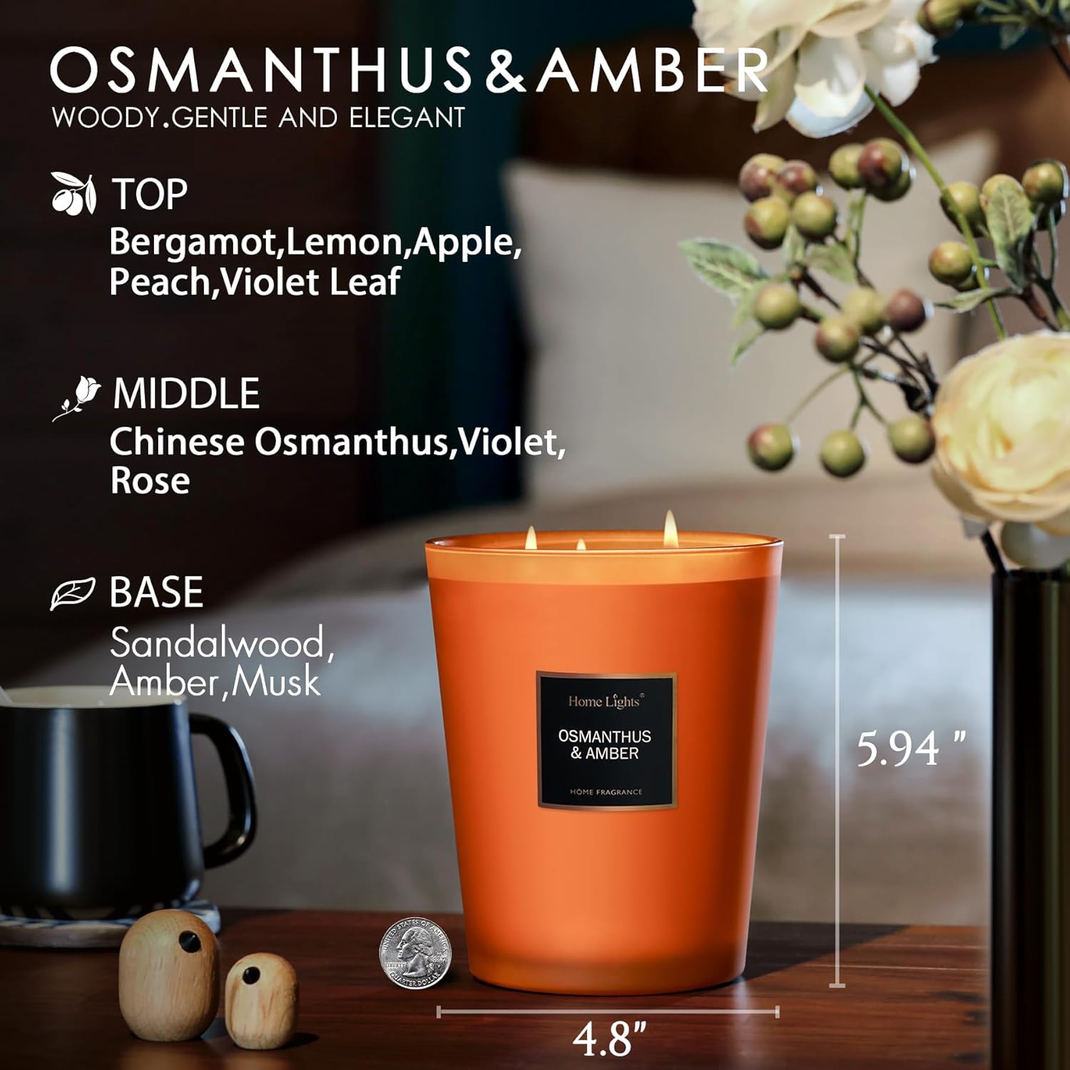 Homelights Large Jar Candle-33.3 Oz. Natural Soy Aromatherapy Candle | Osmanthus Amber Scent | Up To 130 Hours Burn Time With 3 Cotton Wicks | Home Decorative Fragrance Candle Gift