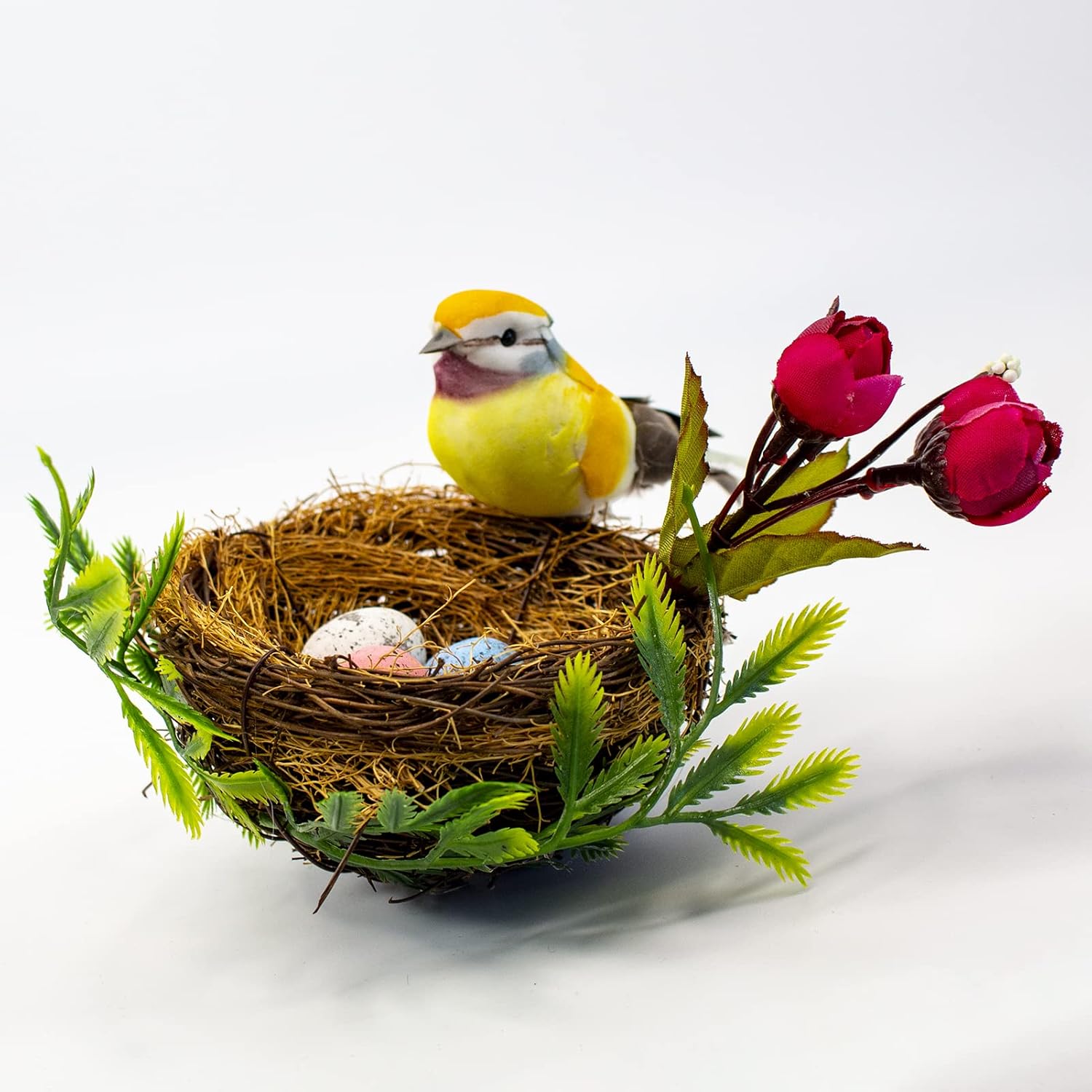 -Easter Artificial Nest Natural Bird Nest Kit Includes Artificial Twig Nest, Fake Foam Feather Birds, Foam Eggs Ornaments For Crafts Home Party Decor