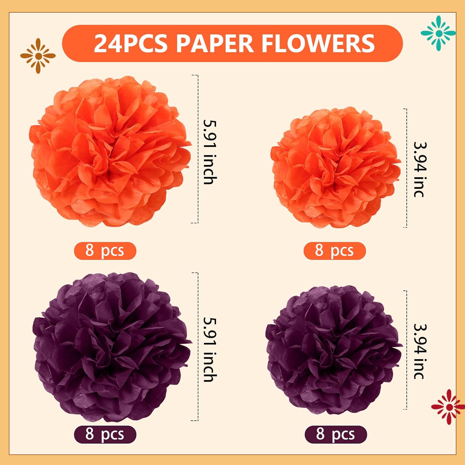 24 Pcs Day Of The Dead Decorations Dia De Los Muertos Altar Decor Artificial Marigold Flower Mexican Party Ofrenda Decorations For Diwali Halloween Decor (Purple Orange)