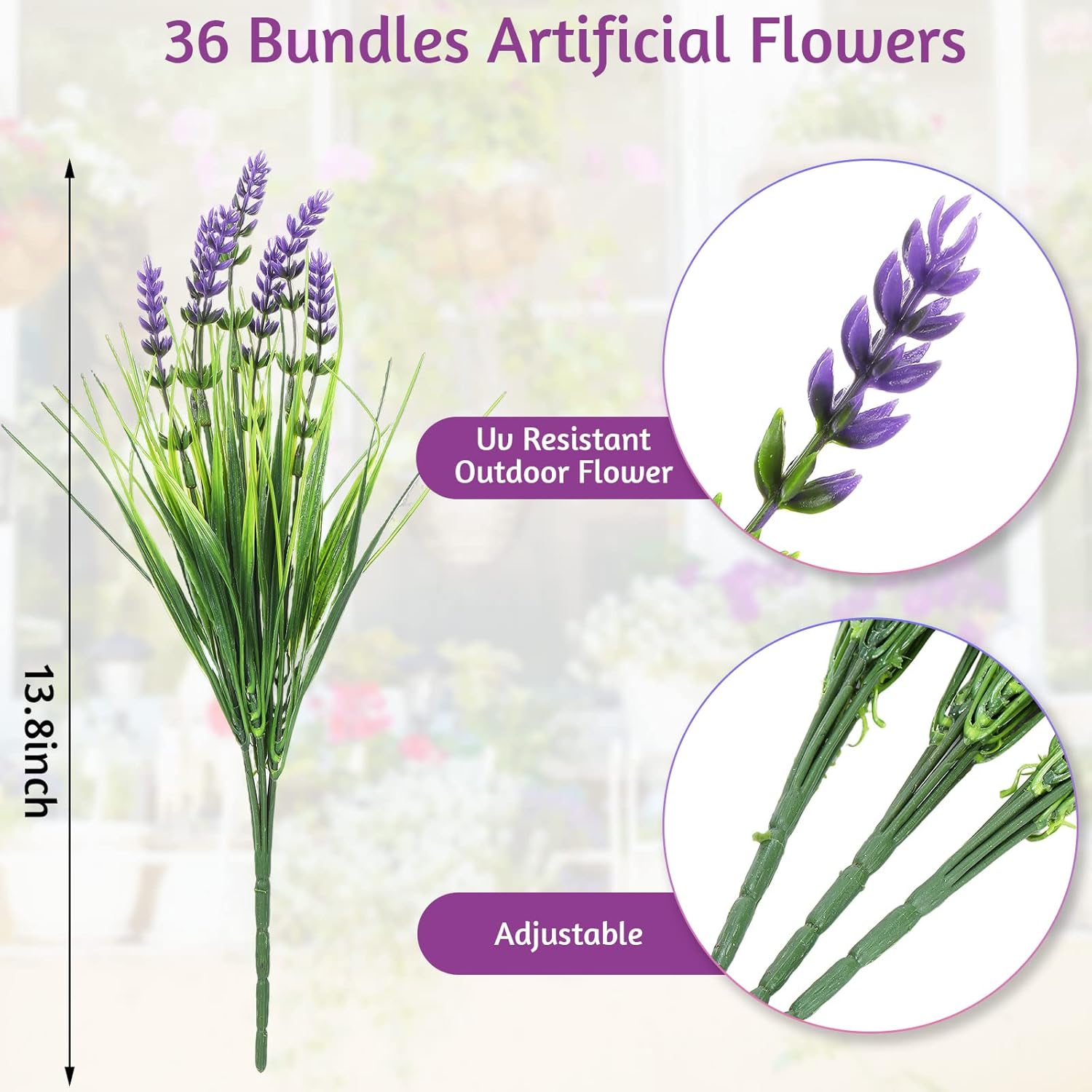 36 Bundles Artificial Plants Outdoor Fake Monkey Grass With Flowers Greenery Uv Resistant Faux Outdoor Plants Plastic Flowers For Garden Office Patio Pathway Outside Decor(Purple)