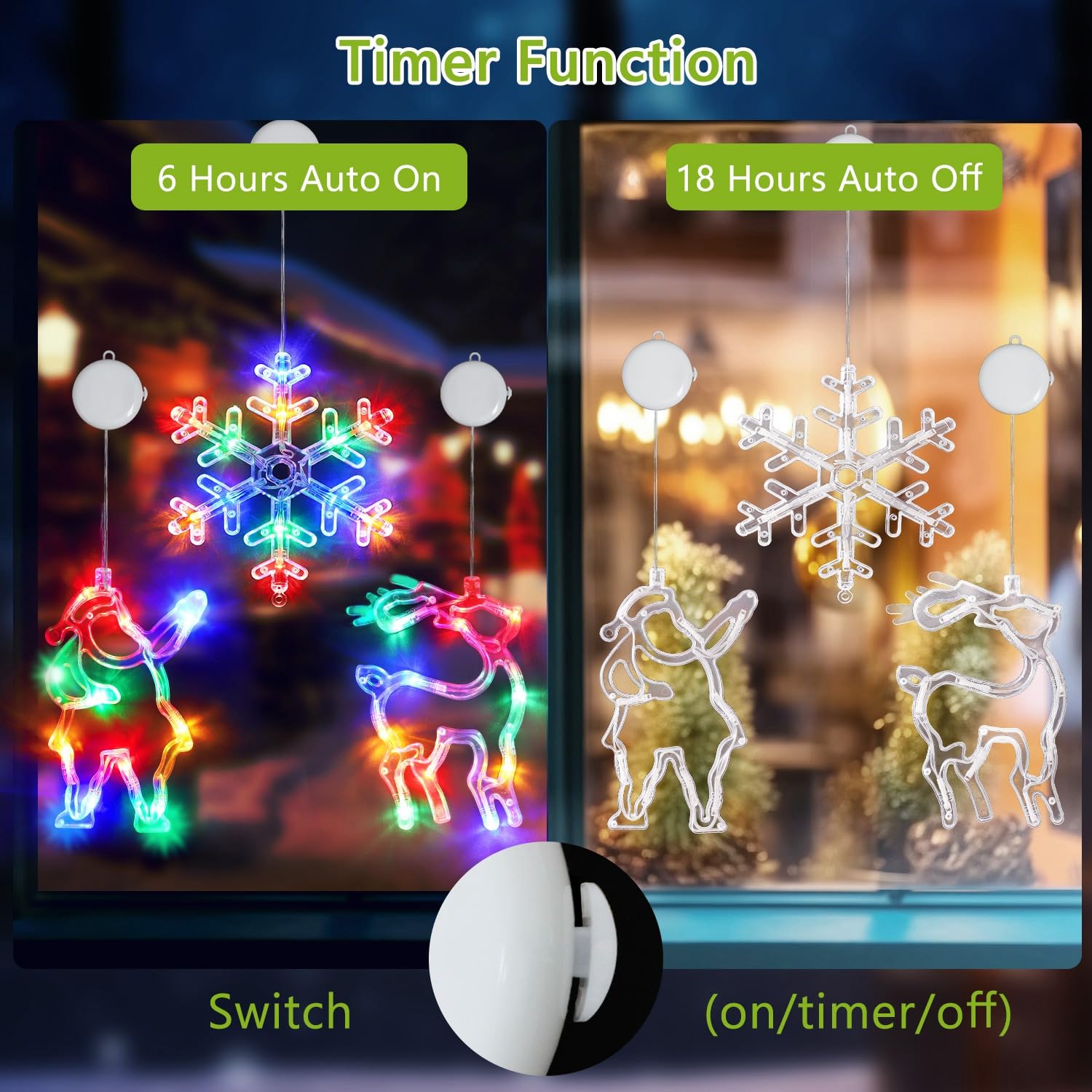 3Pcs Christmas Window Lights, Battery Powered Christmas Window Hanging Decorations Reindeer & Christmas Tree & Snowflake
