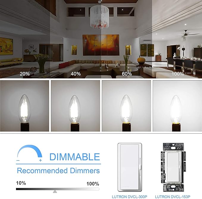 E12 LED Candelabra Bulbs 6 Pack 60W Equivalent 5000K Daylight Dimmable Filament Chandelier Light Bulbs