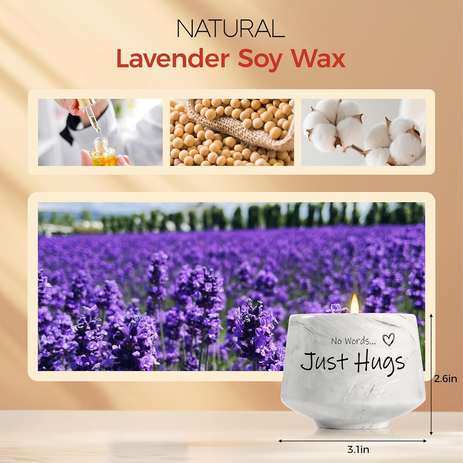 Sympathy Gifts For Loss Of Loved One, Memorial Gifts - 6Oz Lavender Scented Soy Wax Candle - No Words Just Hugs Candle, Bereavement, Grief, Miscarriage, Get Well Gift For Grieving Friends Women