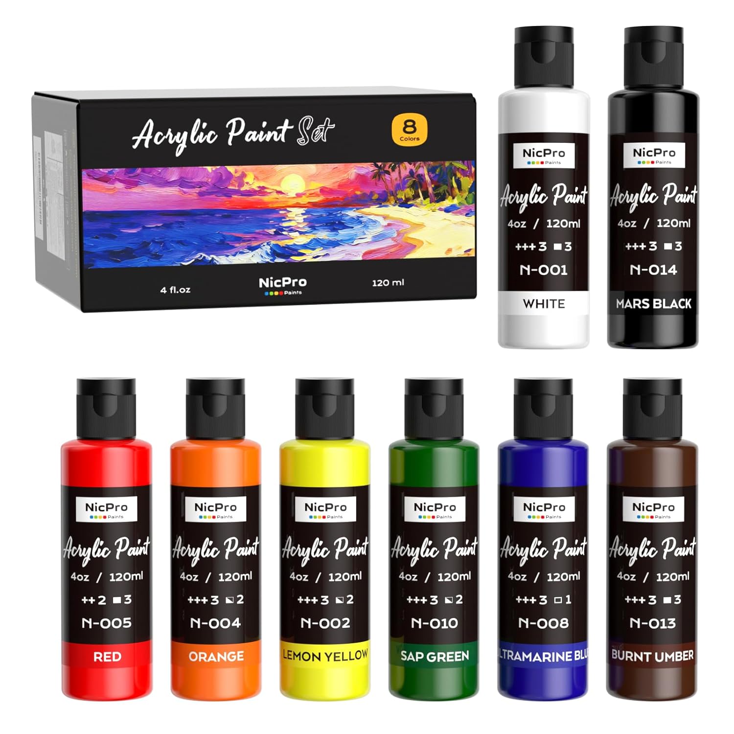 8 Primary Colors Acrylic Paint Set(4 Oz, 120 Ml), Rich Pigment, Non Toxic Craft Paint For Multi Surface Canvas, Wood, Ceramic, Rock, Fabric, Art Painting Supplies For Beginner & Artist Adult