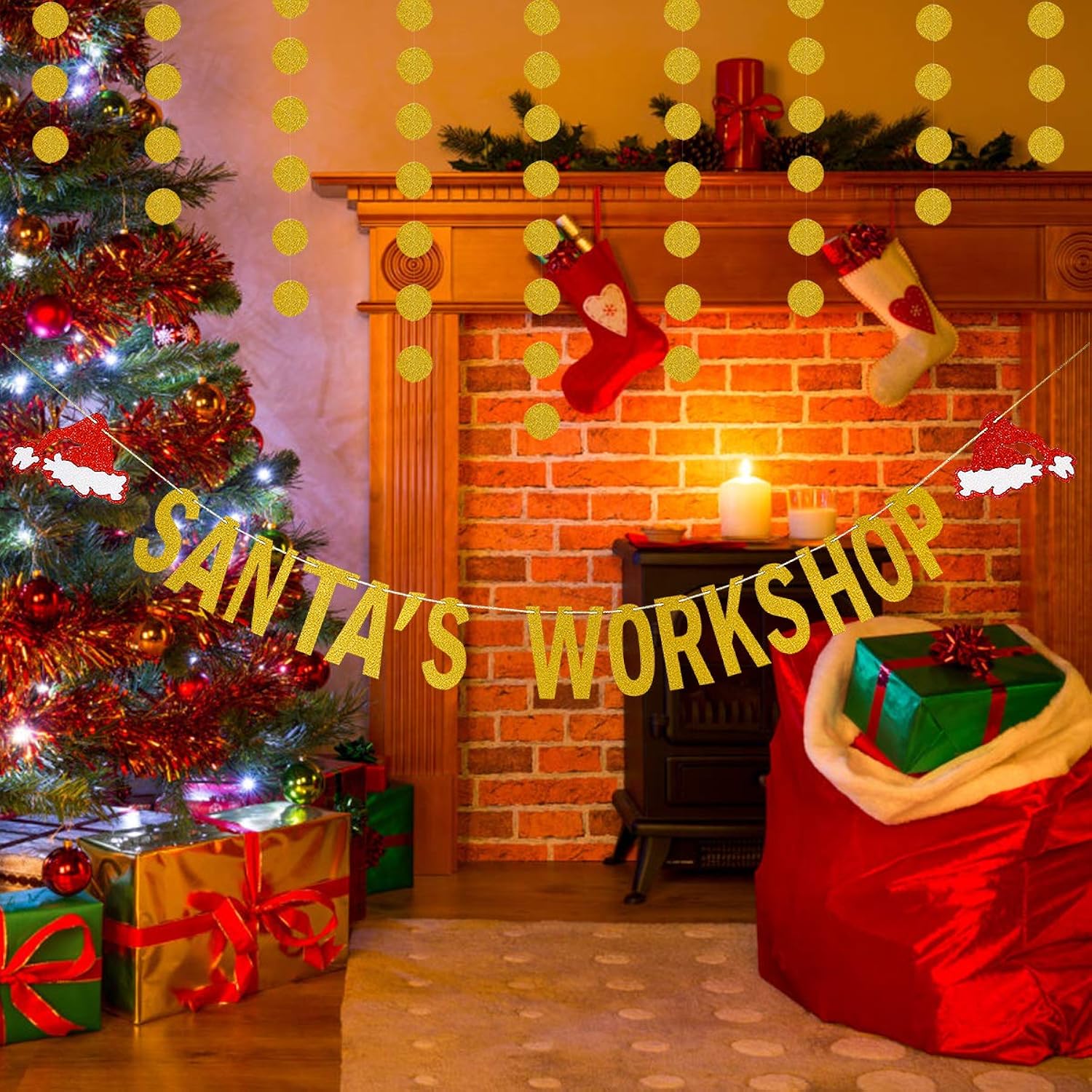 Santa'S Workshop Banner - Gold Glitter Sign For Christmas Holiday Party - Wall Art Home Bar Decorations