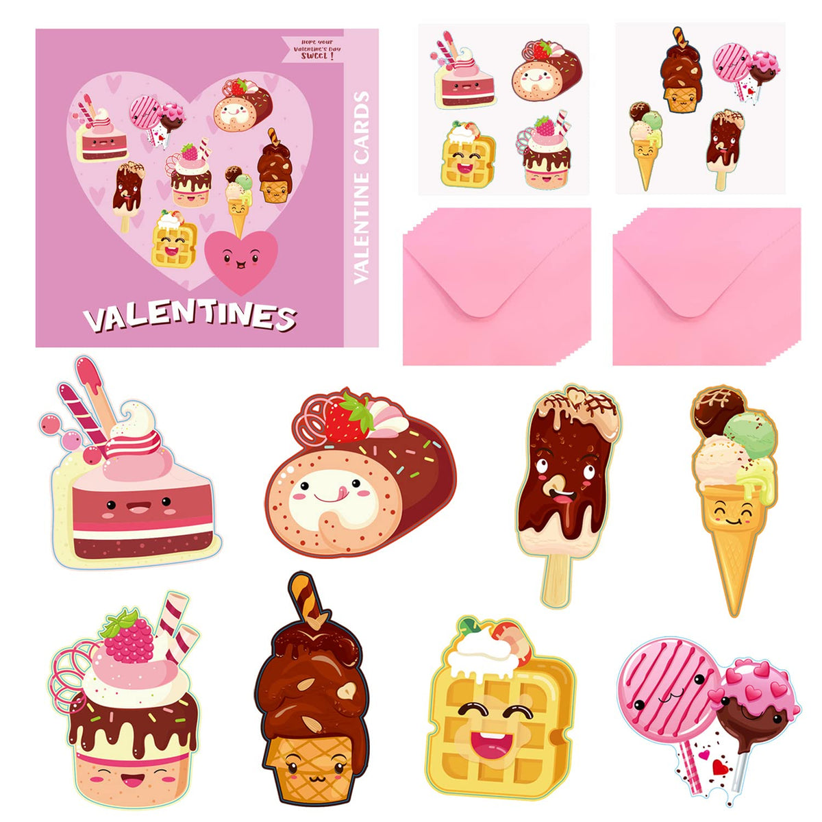Valentines Day Cards For Kids 96 Pack With 32 Kids Dessert Valentine Cards, 32 Pink Gift Envelopes, 32 Dessert Stickers Kids Valentines Day Greeting Cards School Classroom Exchange Gifts