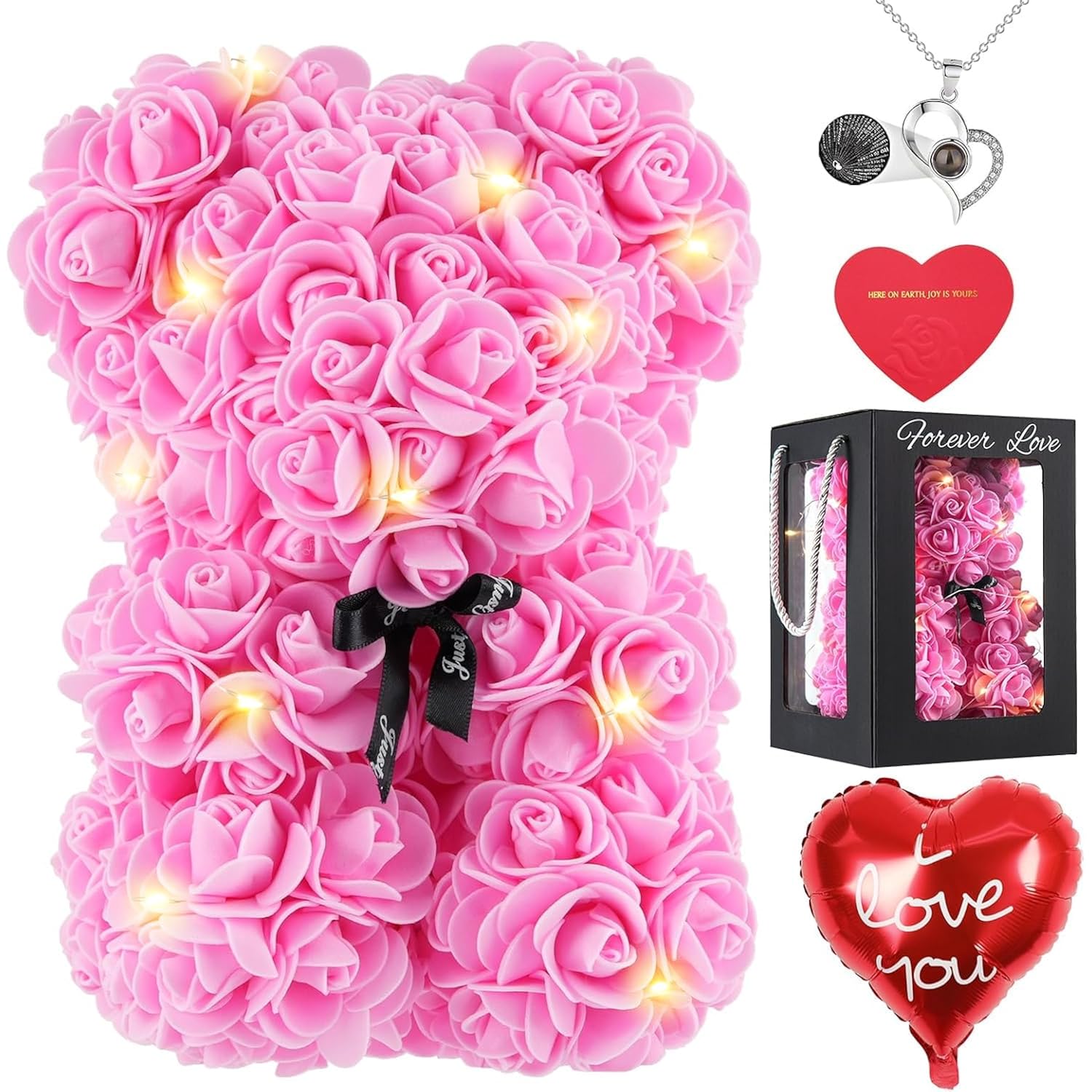 Rose Bear For Valentines Day Gifts 10 Inch Pink Flower Teddy Bear With Lights I Love You Necklace Card Balloon Birthday Mothers Day For Mom Wife Women Girlfriend