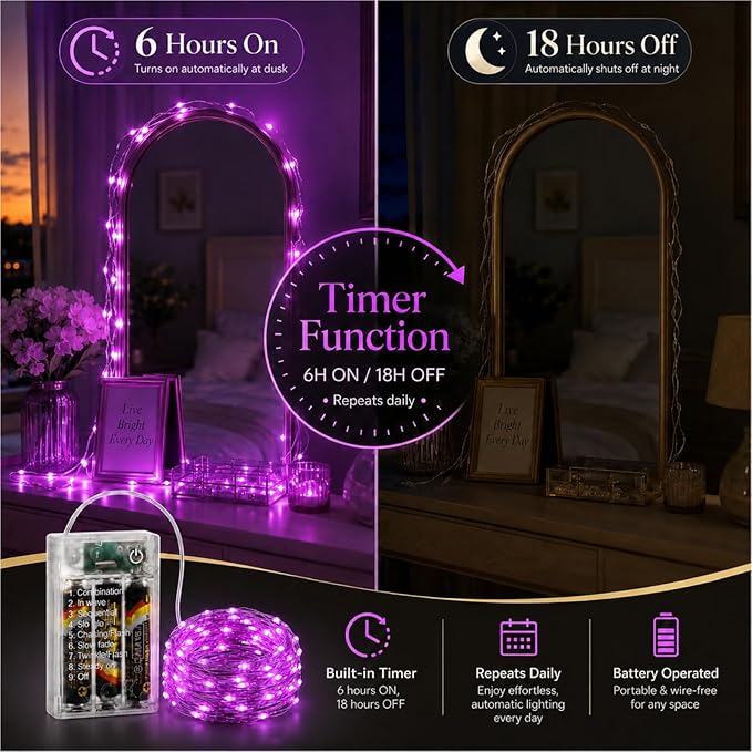 Light Purple Fairy Lights Battery Operated 16FT 50 LED Twinkle String Lights with Timer 8 Lighting Modes Waterproof Decorative Lights for Bedroom Party Christmas Decor