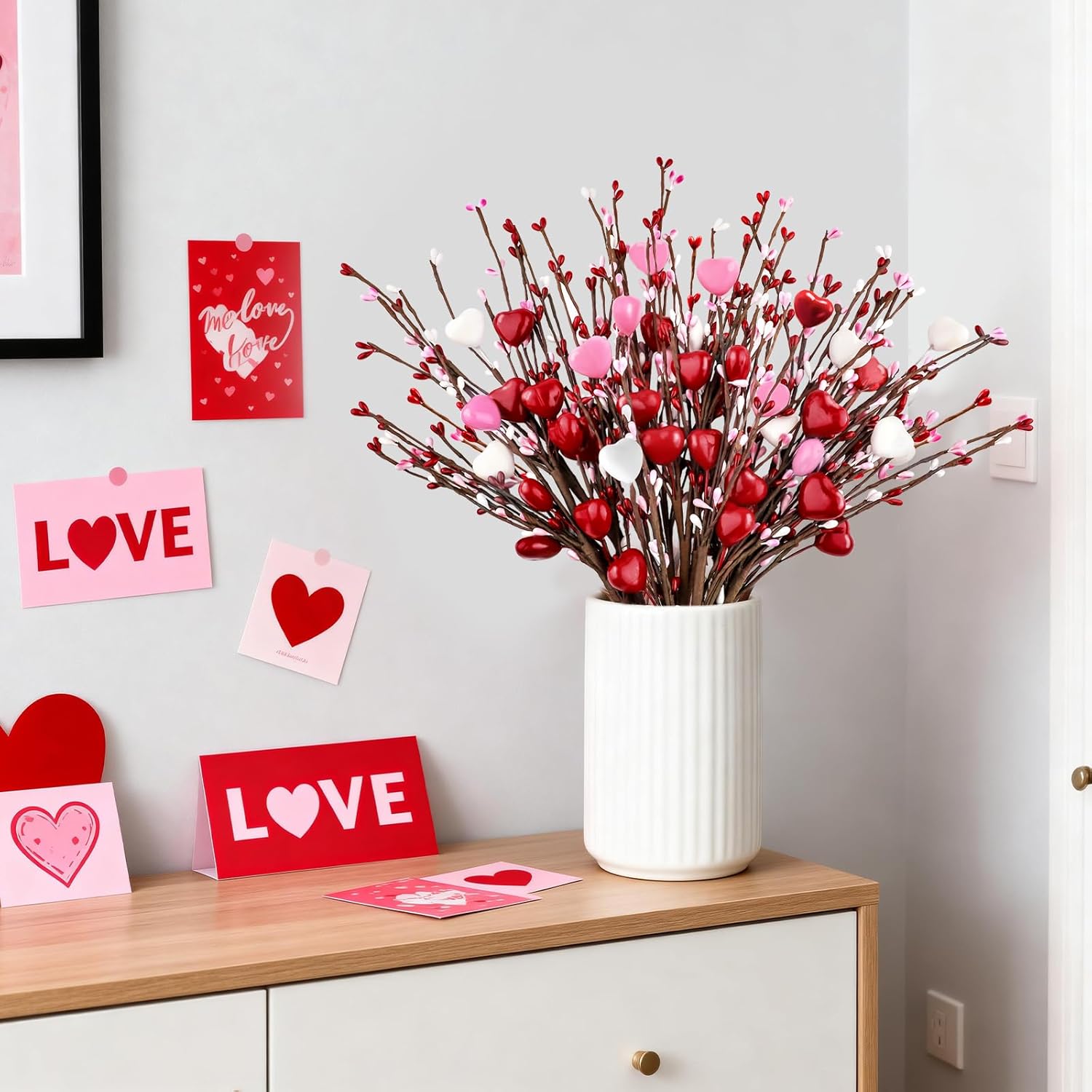 6Pcs Valentines Day Decorations Valentines Decor Red Pink White Heart Shaped Berry Picks Artificial Flowers For Valentines Day Gifts Wedding Home Decor 17In