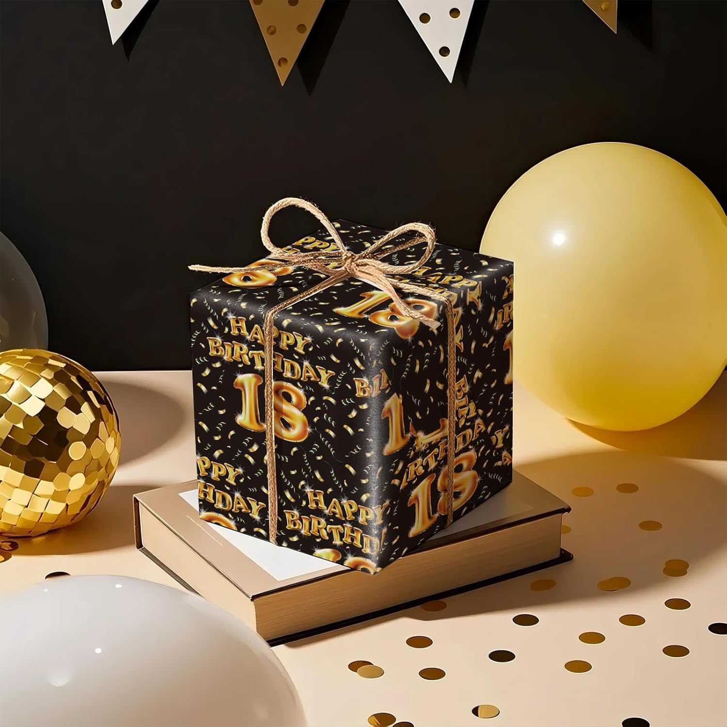 18Th Birthday Wrapping Paper Roll - Mini Roll - 17 Inch X 16.5 Feet - Black And Gold Balloons Happy Birthday Wrapping Paper Perfect For Boys, Party, Holiday