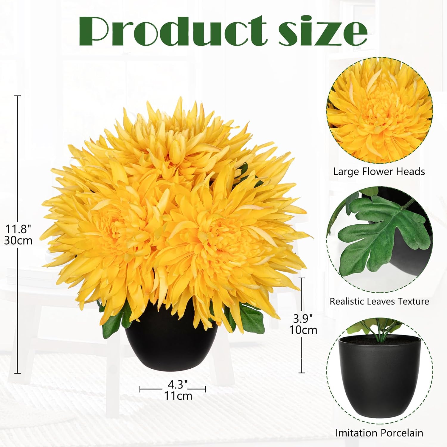 Artificial Mums Flowers In Vase Faux Chrysanthemum Silk Flowers Potted Plant Fake Plants & Flowers With Pot Floral Arrangements Bouquets Pincushion Spider Mum Flower Home Decor Yellow