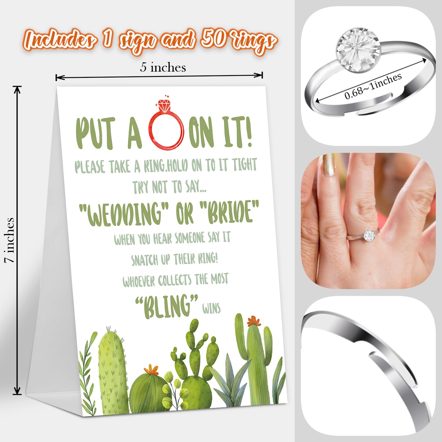 Put A Ring On It Bridal Shower Games With Rings-One Sign And 50 Rings, Don'T Say Bride Or Wedding Game, Bridal Shower And Wedding Shower Games For Guests, Mexican Cactus Weddings Engagement Bachelorette Decorations-Lb5