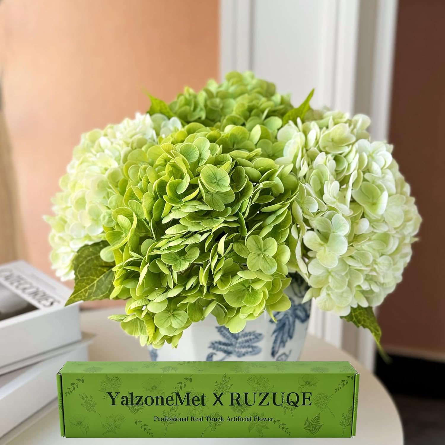 Hydrangea Artificial Flower Natural Lifelike Real 21 Inch Latex Long Stem 2 Light Green+2 Dark Green Hydrangea Flower Bouquets For Home Party Outdoor Wedding Table Centerpiec Decor