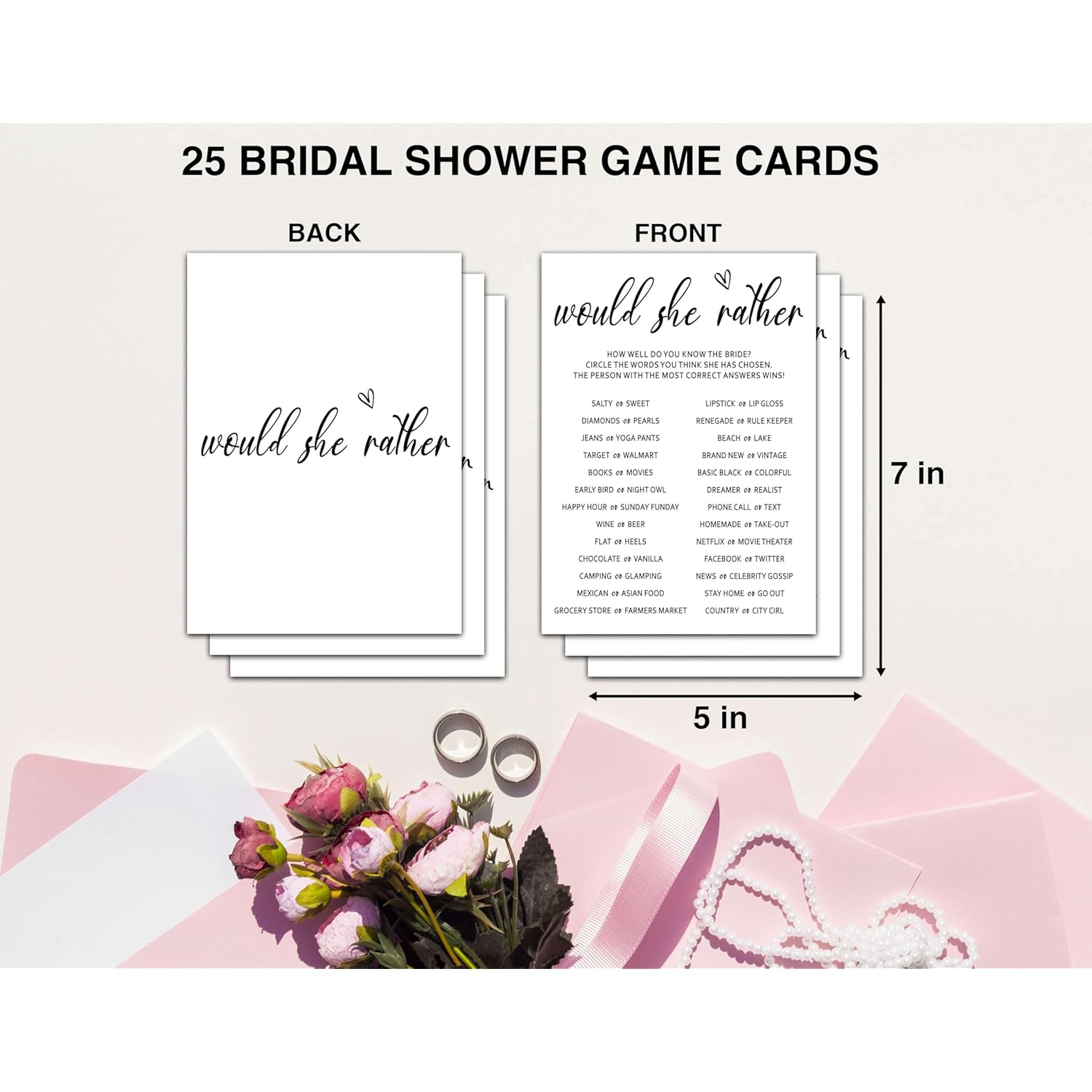 Would She Rather Bridal Shower Games, Minimalist Engagement Party Game Cards, Bachelorette Party Games, Aesthetic Bridal Shower Decorations, 25 Cards(White008)