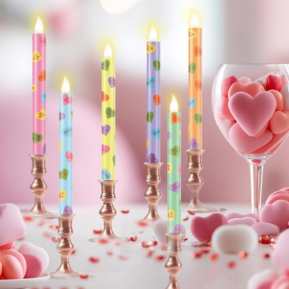 6 Pcs Valentines Day Flameless Taper Candles 8.7 Inch Candy Conversation Heart Battery Operated Led Candlesticks For Valentines Day Home Party Decor Anniversary Wedding Supplies