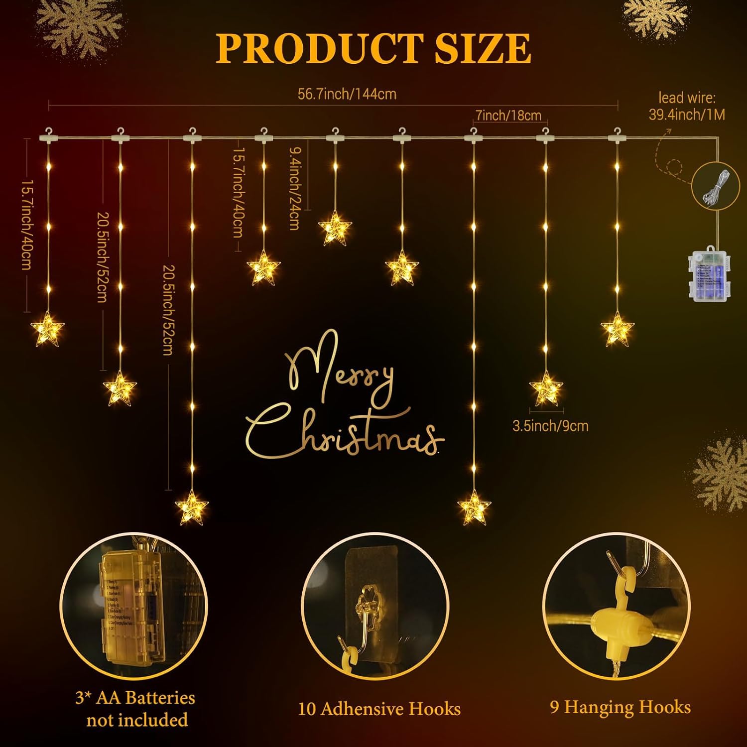 Christmas Window Lights, 76Leds 9 Star Curtain Lights, Warm White&Multicolor, Ip65 Waterproof, Timer & Memory Function,