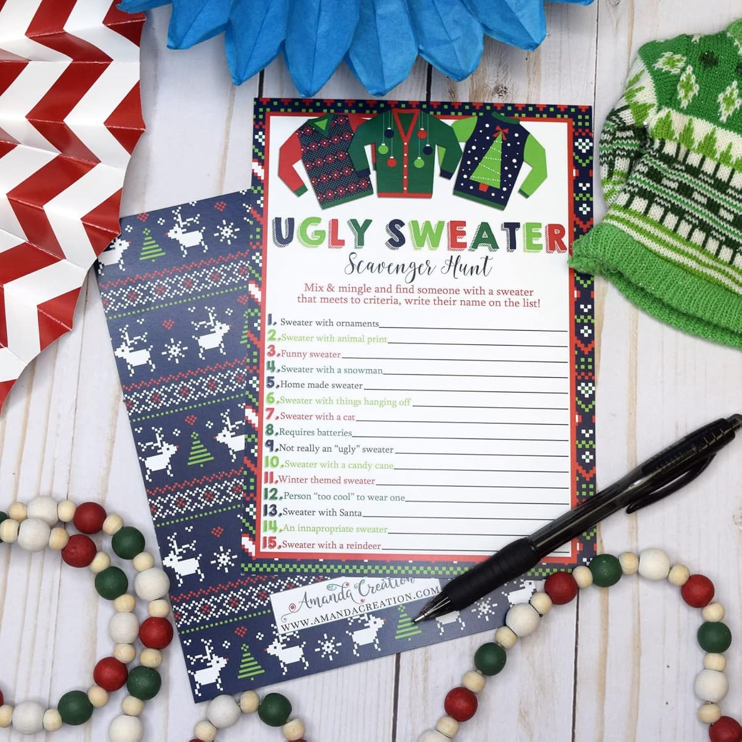 Ugly Sweater Scavenger Hunt Christmas Party Game Cards 10 Pack 5X7 Double Sided Fill-In Holiday Activity, Fun Festive Game For Kids & Adults, Made In Usa By