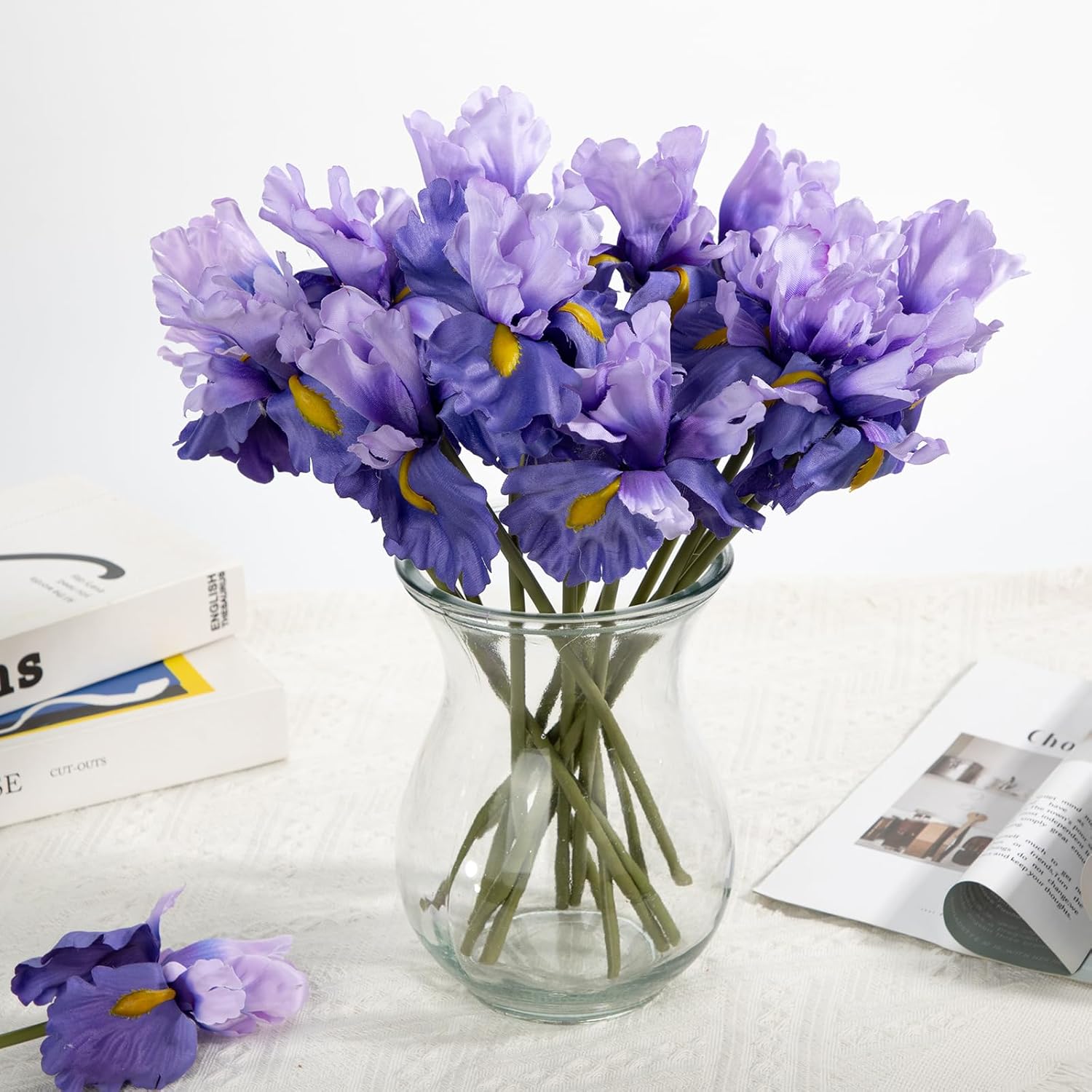 Iris Artificial Flowers 15Pcs Faux Iris Light Purple Flowers 14.2" Real Touch Fake Flowers Picks Bouquets For Wedding Bridal Home Arrangements Office Table Centerpieces Decor