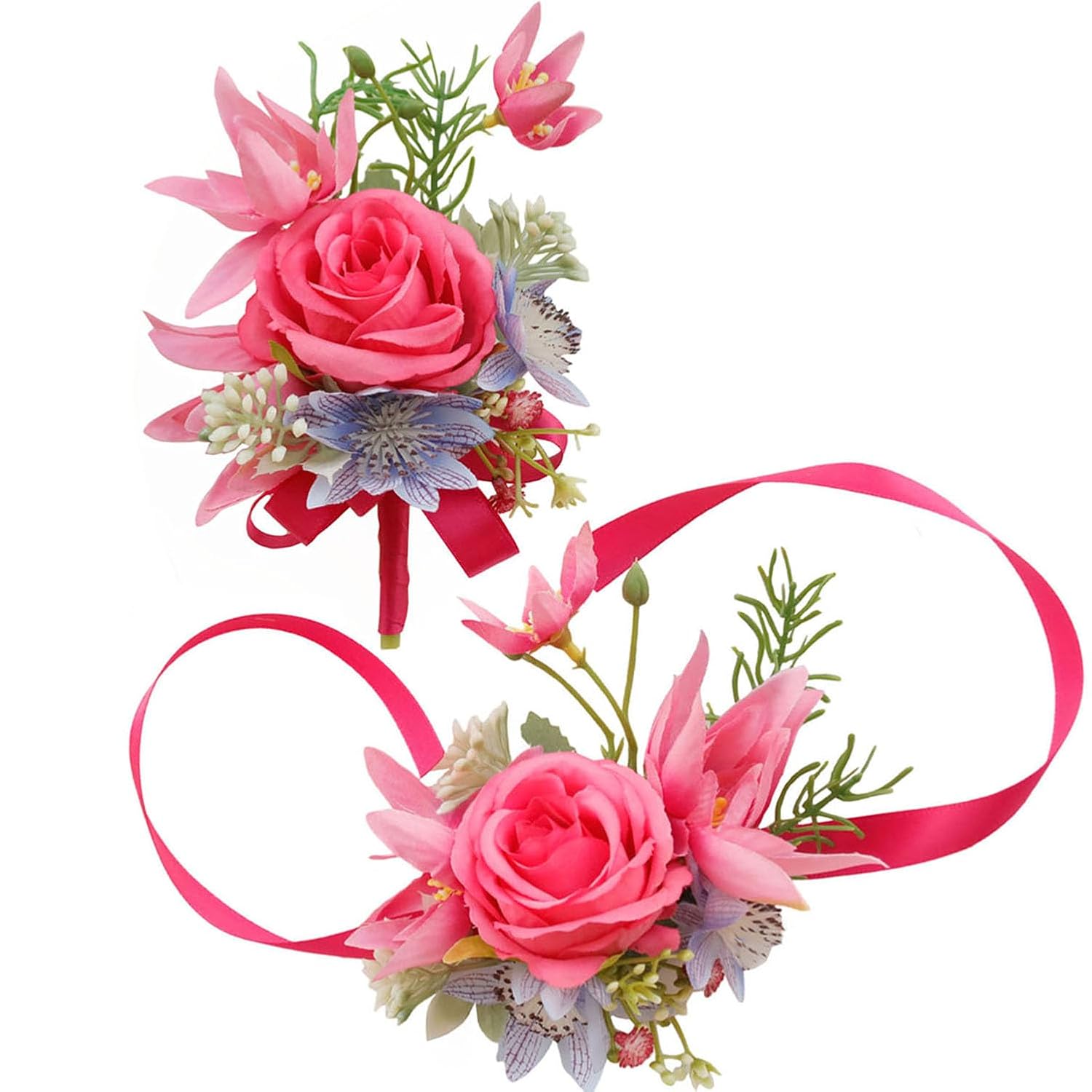 Wrist Corsage And Boutonniere Set Artificial Rose Flowers Accessories For Groom Bride Groomsmen Bridesmaids Wedding Party Prom Suit - Rose Red-2 Pieces