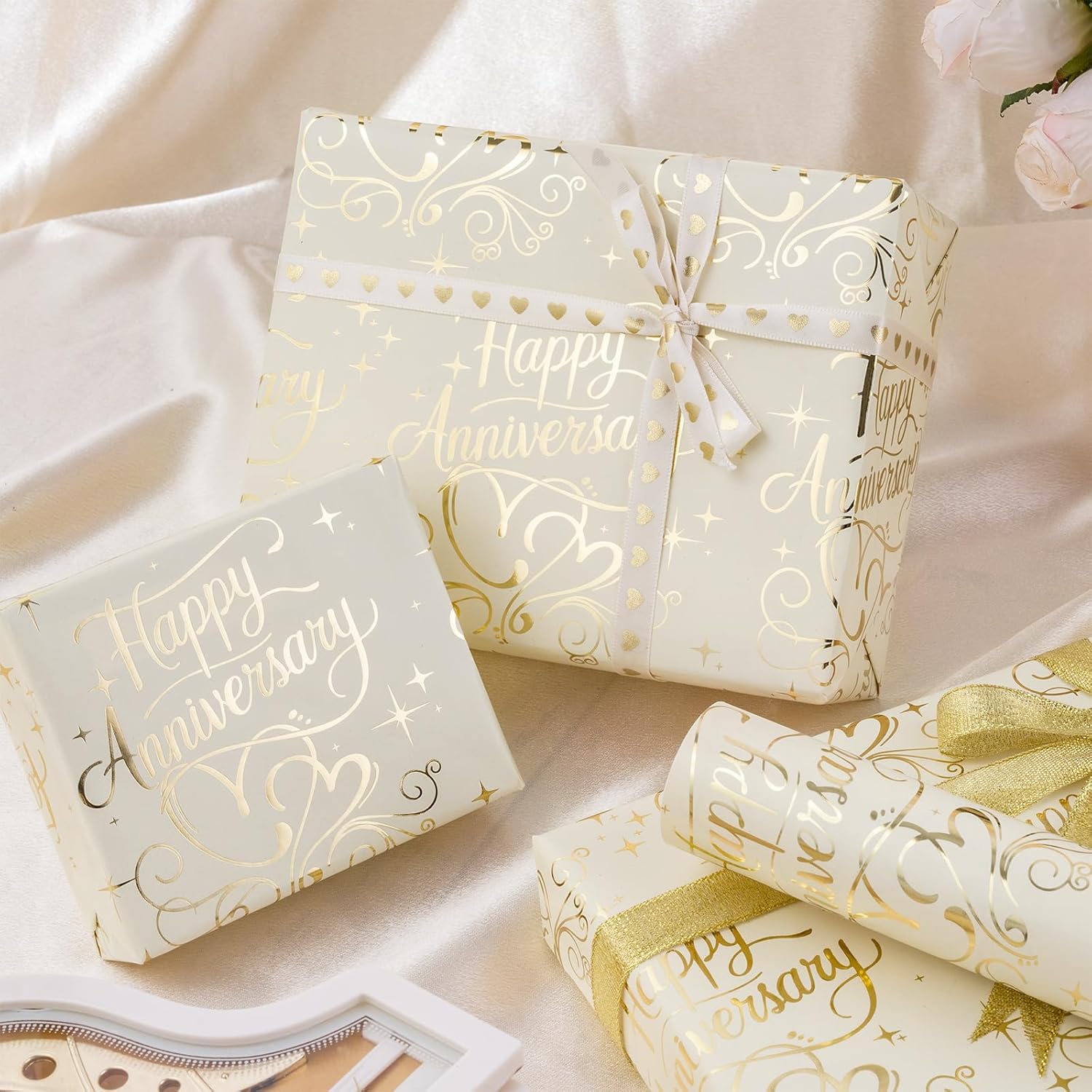 Happy Anniversary Wrapping Paper Roll, Gold Foil Anniversary & Hearts, Golden Wedding Anniversary Party Favors For Couple, Friends, Parents, Mini Roll, 17 Inches X 16.4 Feet