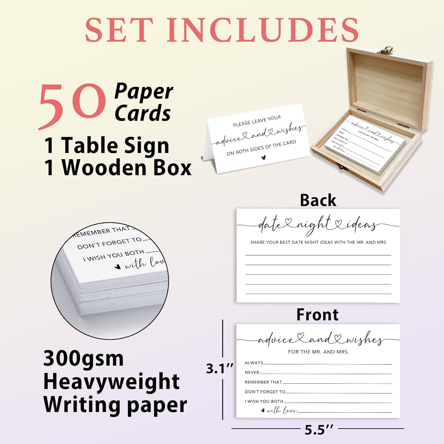 Minimalism Advice And Wishes For The Mr And Mrs - 50 Packs Wedding Advice Cards Bridal Shower Game Cards With Box Reception Guest Book For Bride Groom Newlywed Engagement Party Decoration -A02