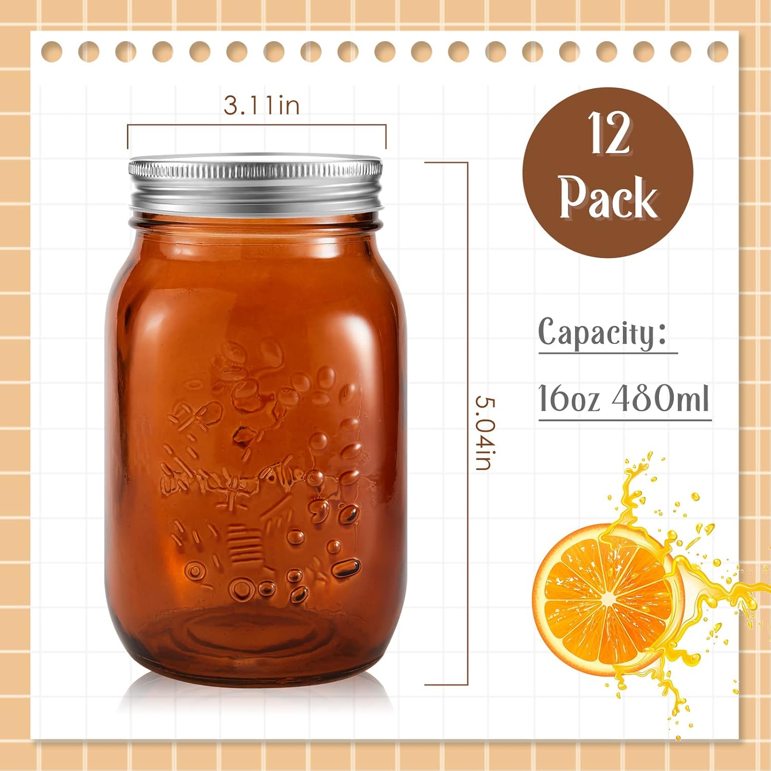 12 Pcs Bulk Amber Mason Jars With Lids 16 Oz Decorative Centerpieces Glass Pint Canning Containers Regular Mouth For Flower Food Storage Wedding Halloween Christmas Diy Crafts