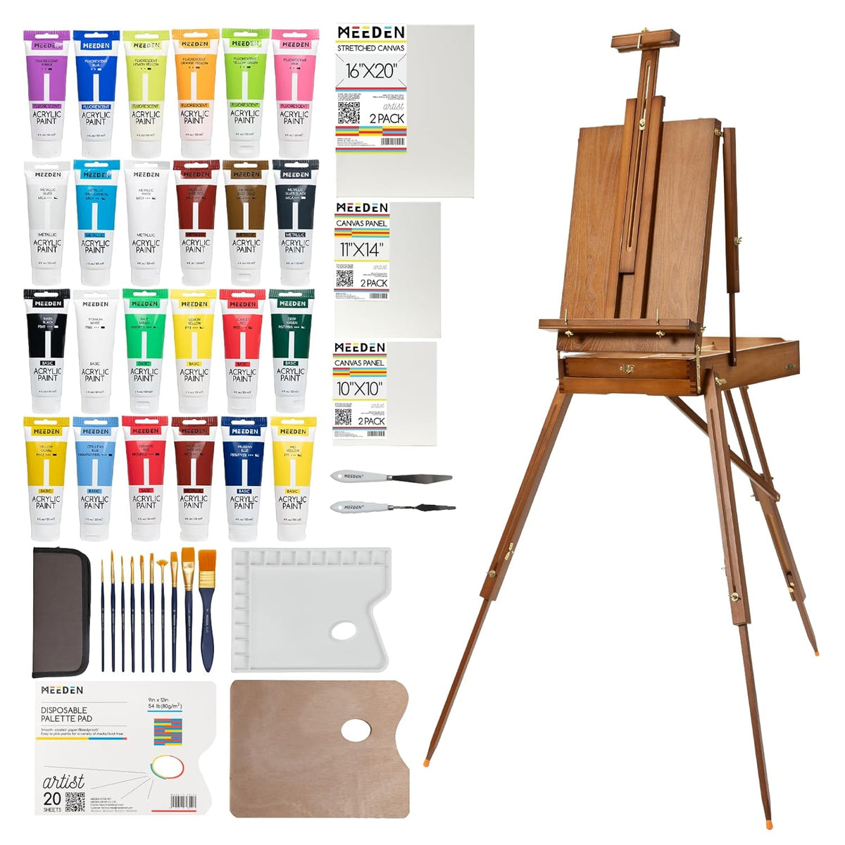 Painting Kit With French Easel, 24 Colors Acrylic Paint Set, 10 Pcs Paint Brush Set, Canvas Set & Art Supplies, Great Painting Set For Beginners & Artists
