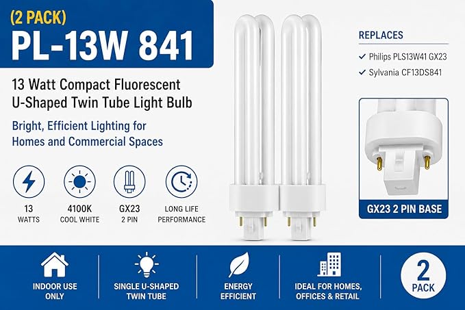 GX23 CFL Light Bulbs 2 Pack 13W 4100K Cool White 2 Pin Plug In Fluorescent Replacement