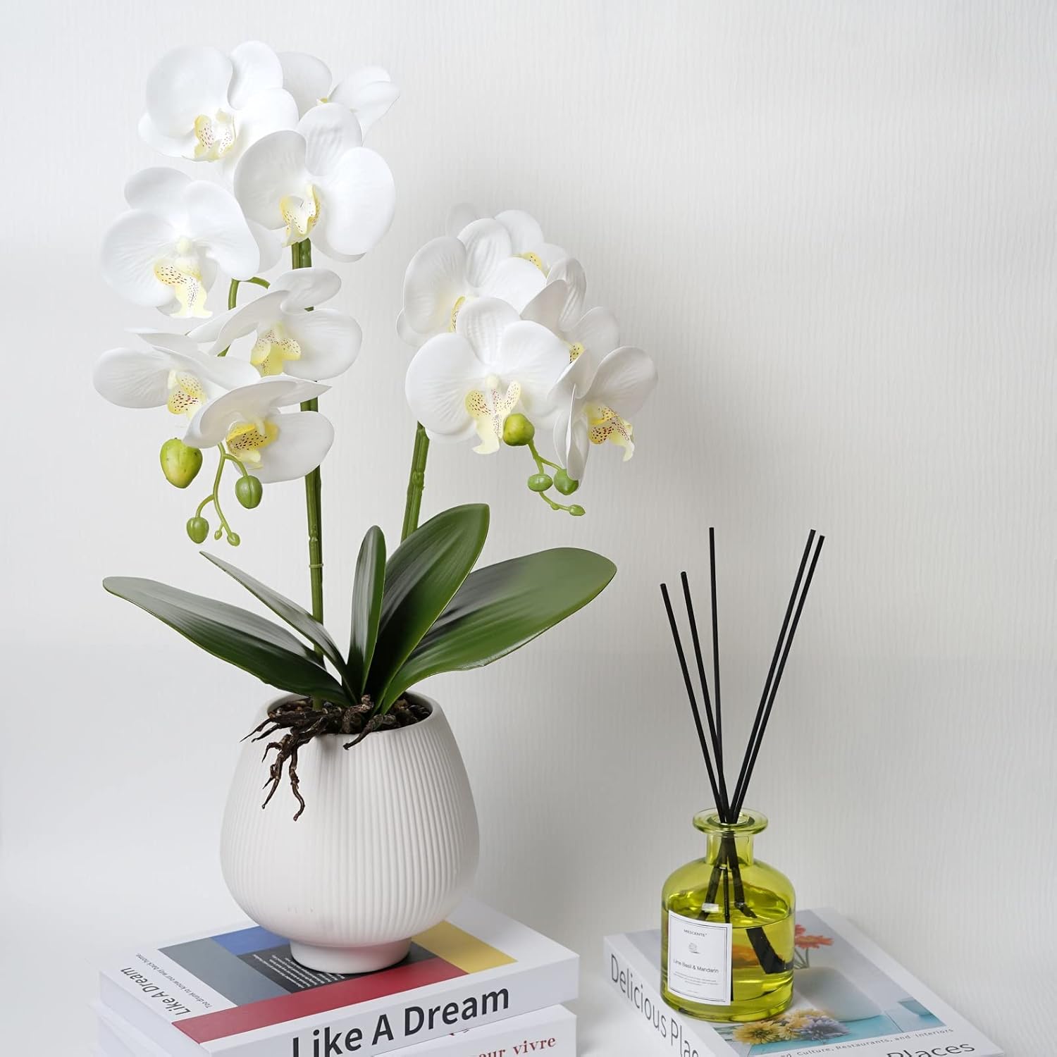 Orchid Artificial Orchids Flowers With Vase White Phalaenopsis Plant Silk Faux Orchids Fake Flowers Arrangements For Home Decoration Living Room Office Bedroom Bathroom Kitchen Dining Room