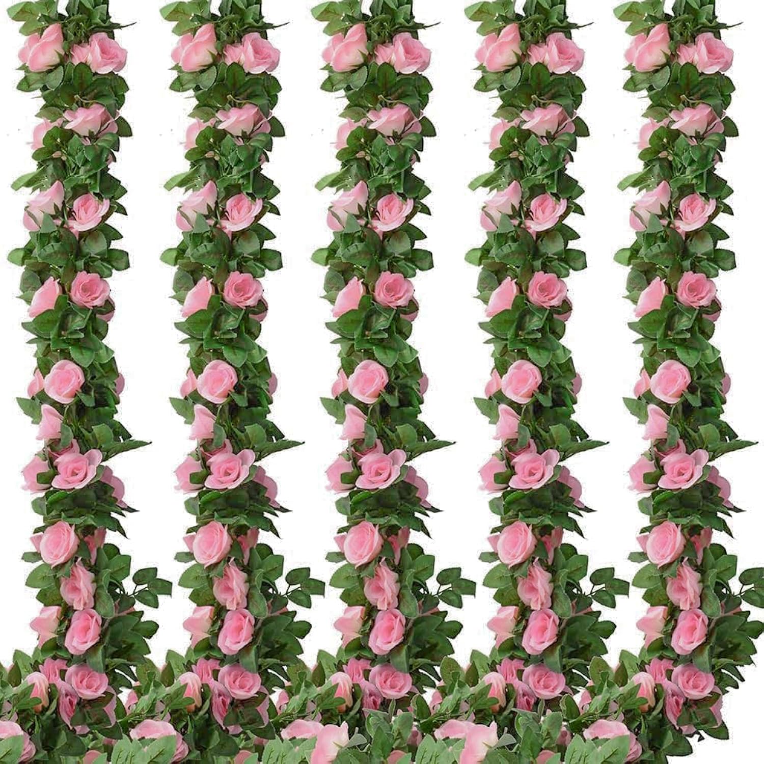 5Pack Flower Garland Artificial Fake Rose Garland Vine Artificial Flowers For Decoration Floral Garlands Decor-Total 41 Ft (Pink)