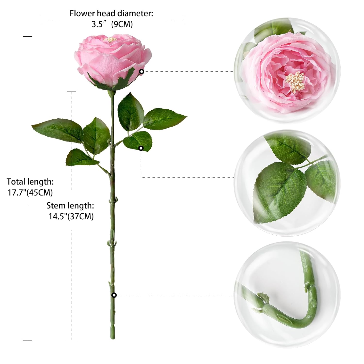 17.7" 4Pcs Pink Flowers Artificial Roses 3.5" Large Austin Fake Rose Wedding Bouquet Real Touch Peony Flower For Baby Shower Xmas Home Decor Kitchen Living Room Table Flower