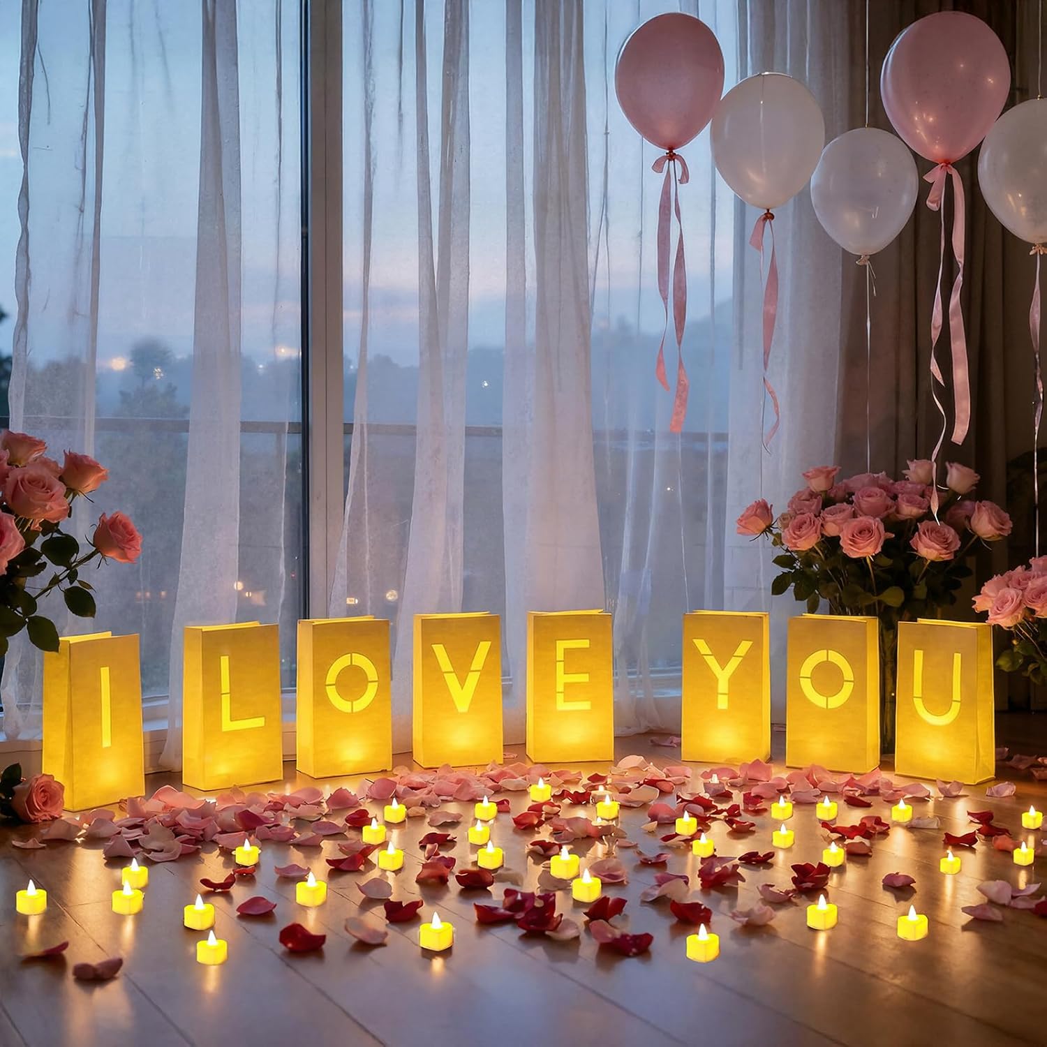 Special Night Romantic Decorations, Valentine'S Day Decorations - I Love You Light Up Letters Luminary Bags With Bright Flameless Tea Candles And Fake Rose Petals, Happy Anniversary