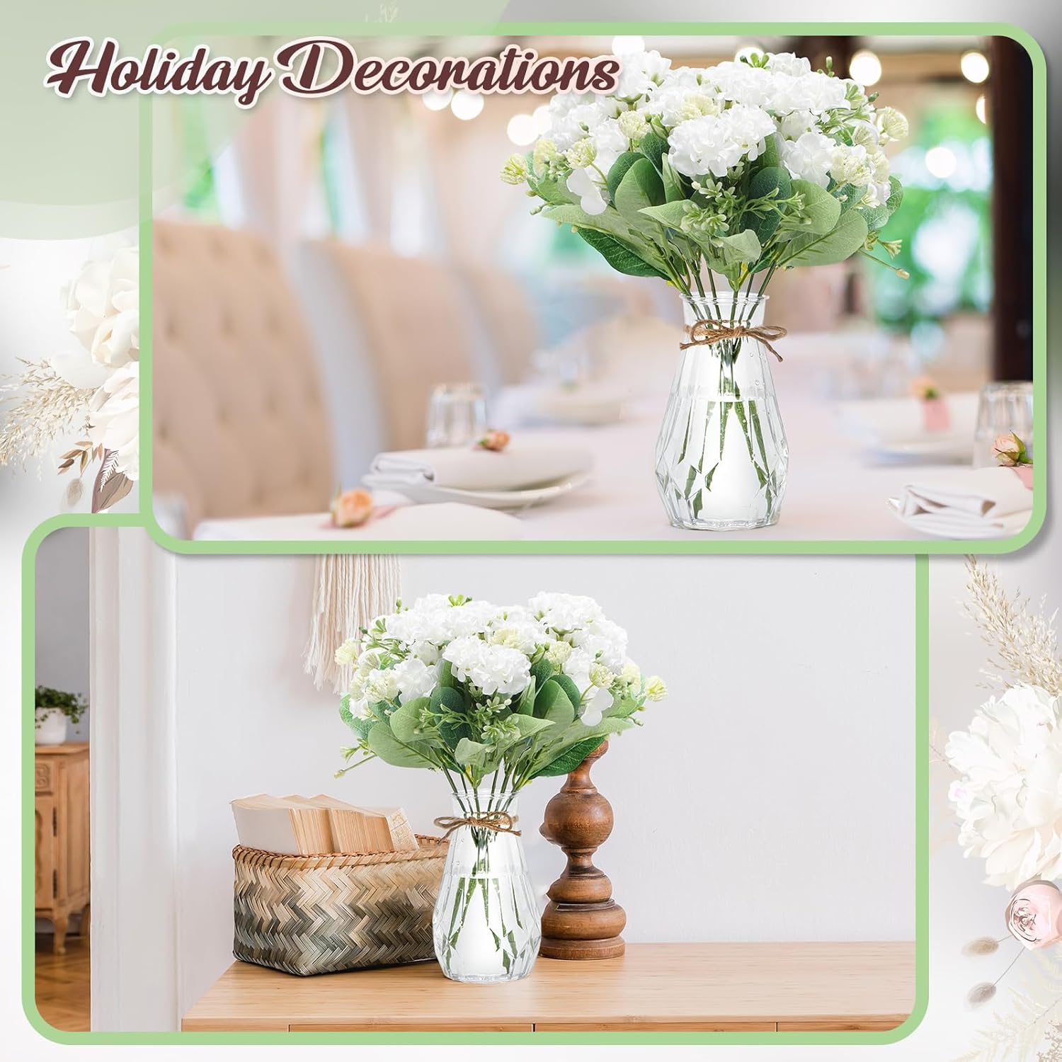 37 Pack Artificial Flowers With Bud Vase Bulk 24 Bundles Silk Bouquet 12 Plastic Clear Vase With 1 Rope Fake Flowers For Table Centerpiece Vases Wedding Party Decor(White,Hydrangea)