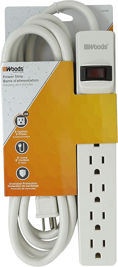 6 Outlet Power Strip 8 Ft Extension Cord Built In Overload Protection White