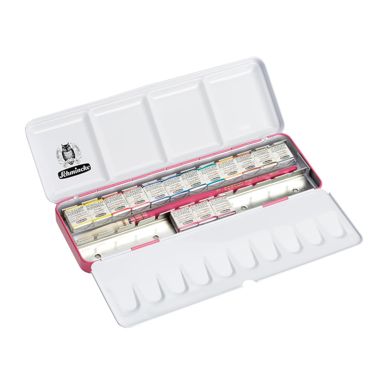 - Horadam Aquarell Paint Box Pink Lacquered Metal Box With 15 Half Pans, 12 Standard Colors + 3 Pink Shades, Incl. Watercolor Brushes, 74663097