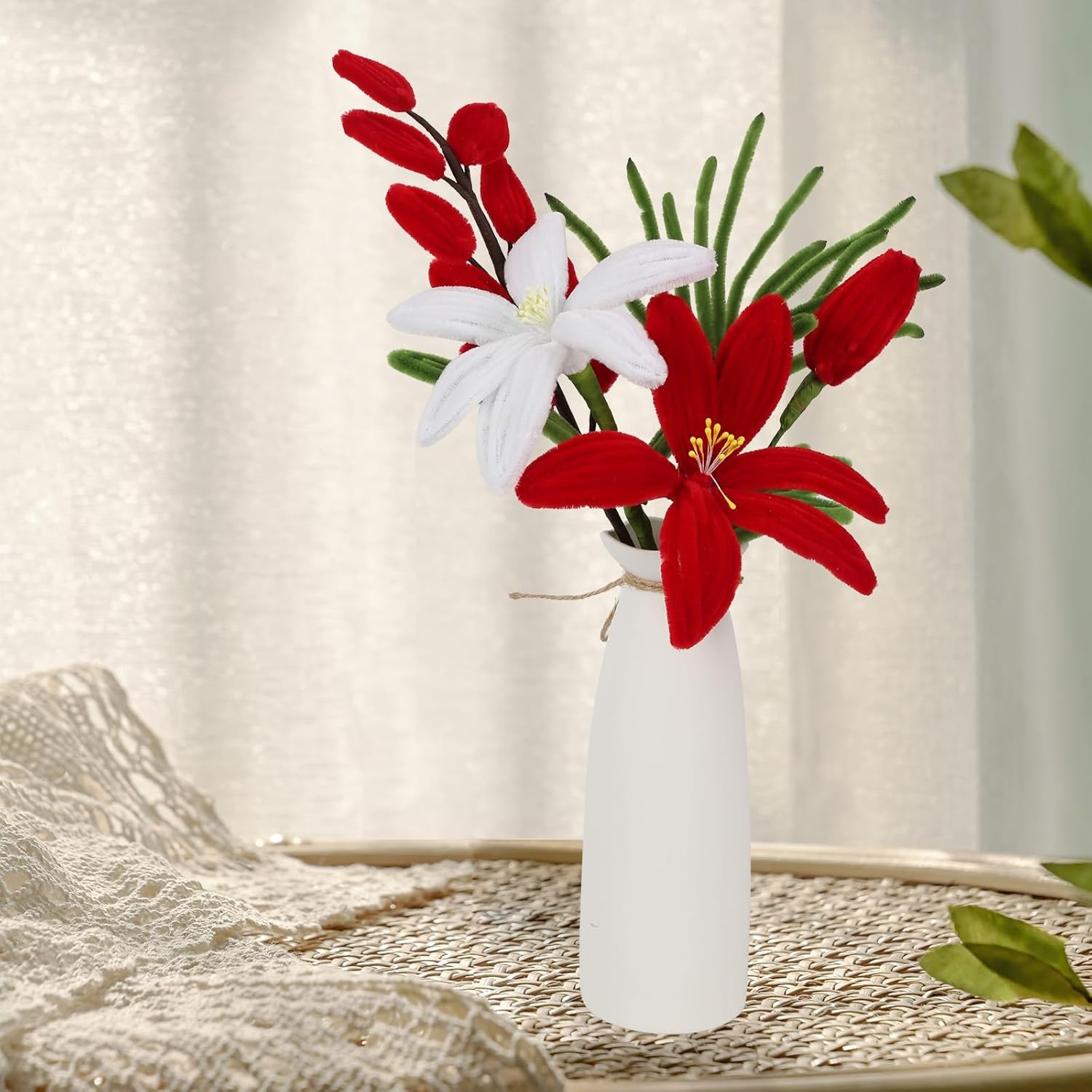 Red Handmade Artificial Lily Bouquet Twist Stick Combination Flower Crochet Flowers Bouquet Kit For Women Wife Lover Friends Anniversary Birthday Valentine'S Day Mother'S Day Graduation Gifts (Red)