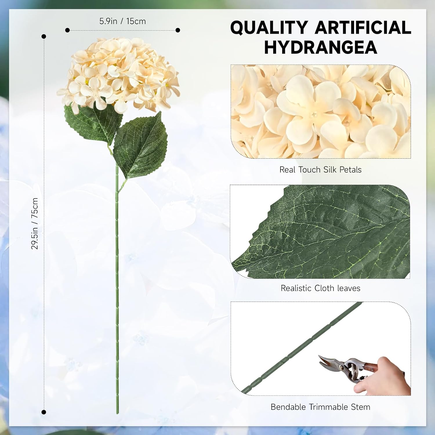 6 Pcs Artificial Hydrangea Flowers, Faux Silk Hydrangea With Long Stems, Home Wedding Decor, Table Centerpieces, Party Decorations(Champagne)