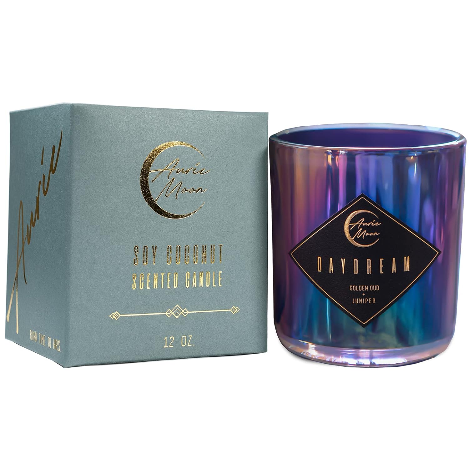 Auric Moon | Golden Oud + Juniper Scented Luxury Soy Coconut Candle For Women | Slow 70+ Hour Burn | Wood Crackling Wicks | 12 Oz Premium Glass | Hand-Poured In California