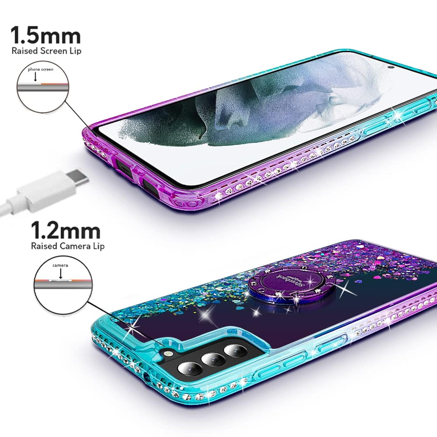 For Samsung Galaxy S22 Case, Moving Liquid Holographic Sparkle Glitter Case With Kickstand, Girls Women Bling Diamond Ring Slim Protective Case For Galaxy S22 5G Purple