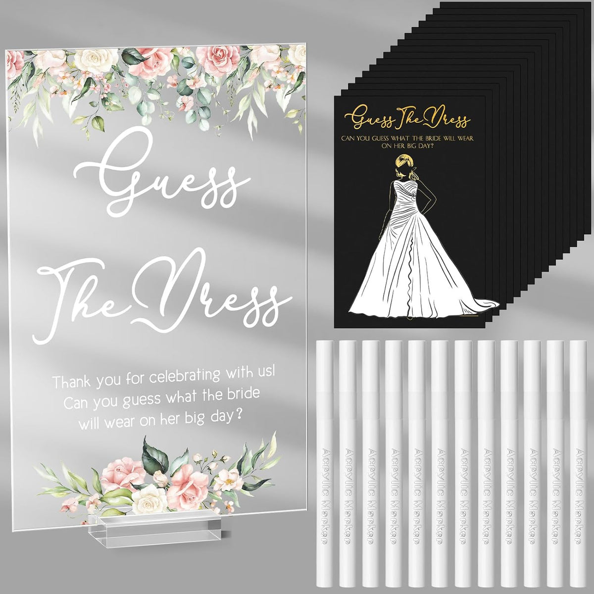 Guess The Dress Bridal Shower Game Acrylic Sign Fun Table Sign 50 Guessing Cards 20 White Acrylic Pens For Guests Wedding Party (Floral)