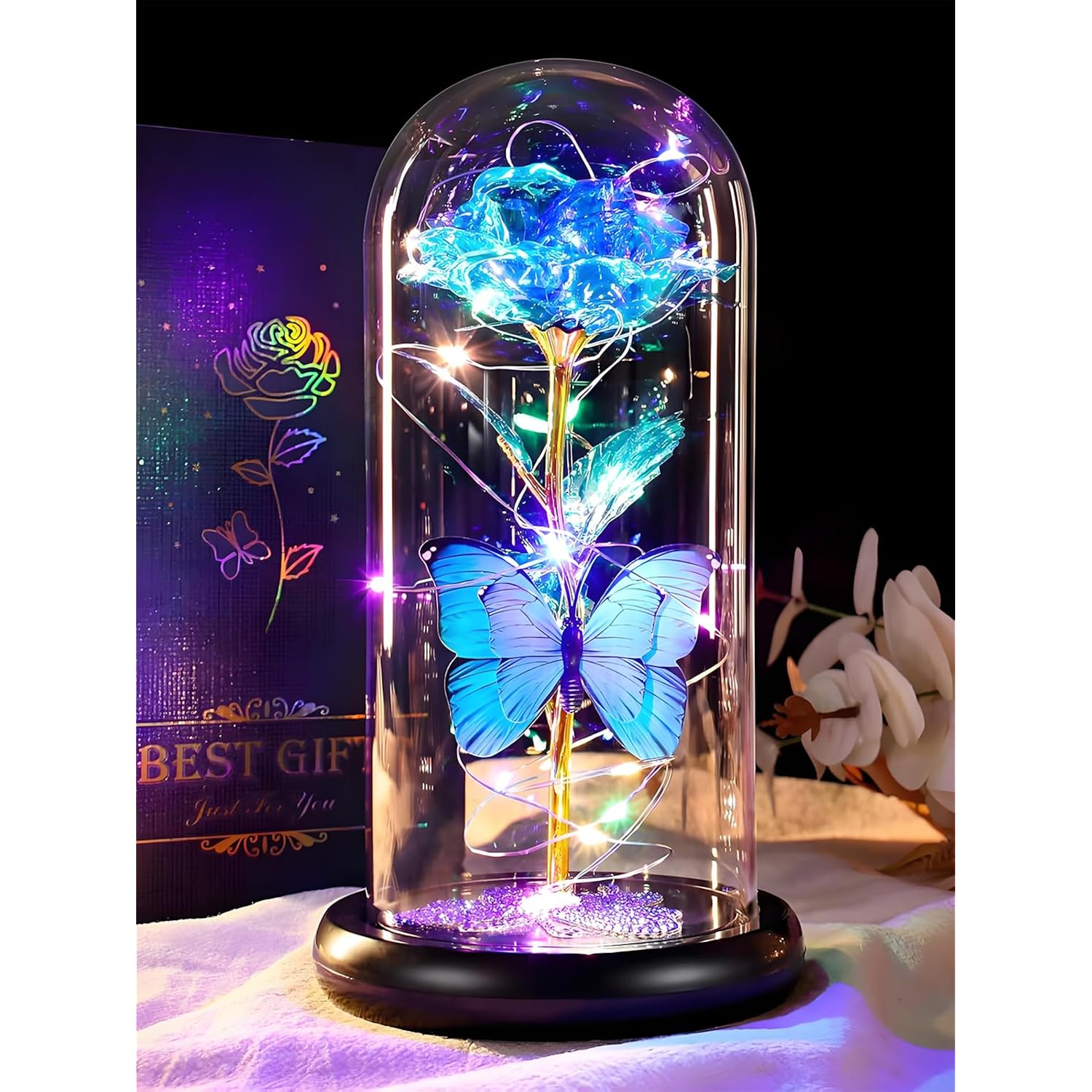Valentines Day Birthday Gifts For Her Women Blue Rose Eternal Flower Light Up Rose In Glass Dome With Butterfly, Valentine'S Flowers Gifts For Her Wife Mom Girlfriend Delivery Prime Anniversary