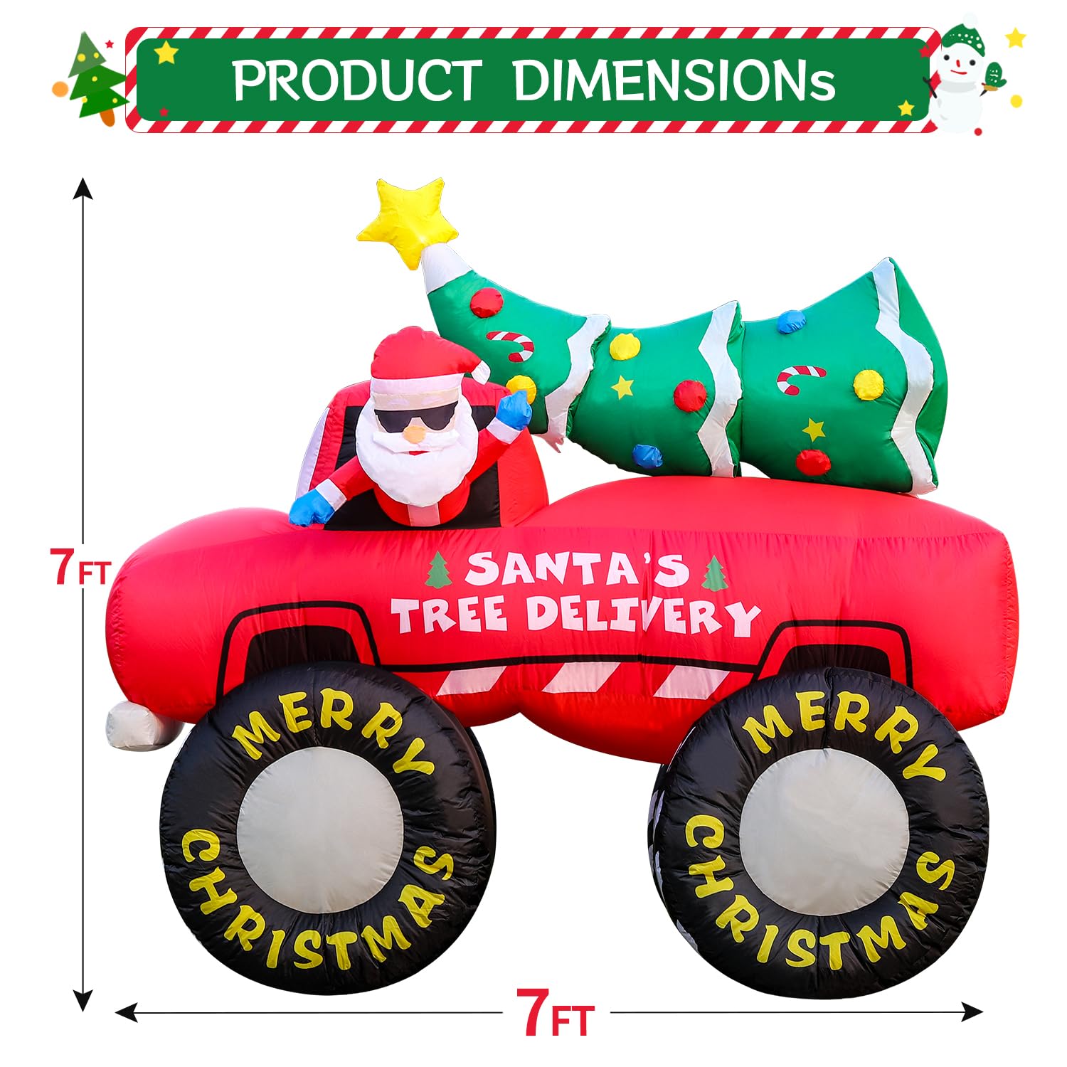7Ft Christmas Inflatable Blow Up Decorations, Santa Claus Drive Monster Truck With Christmas Tree, Built-In Leds For Hol