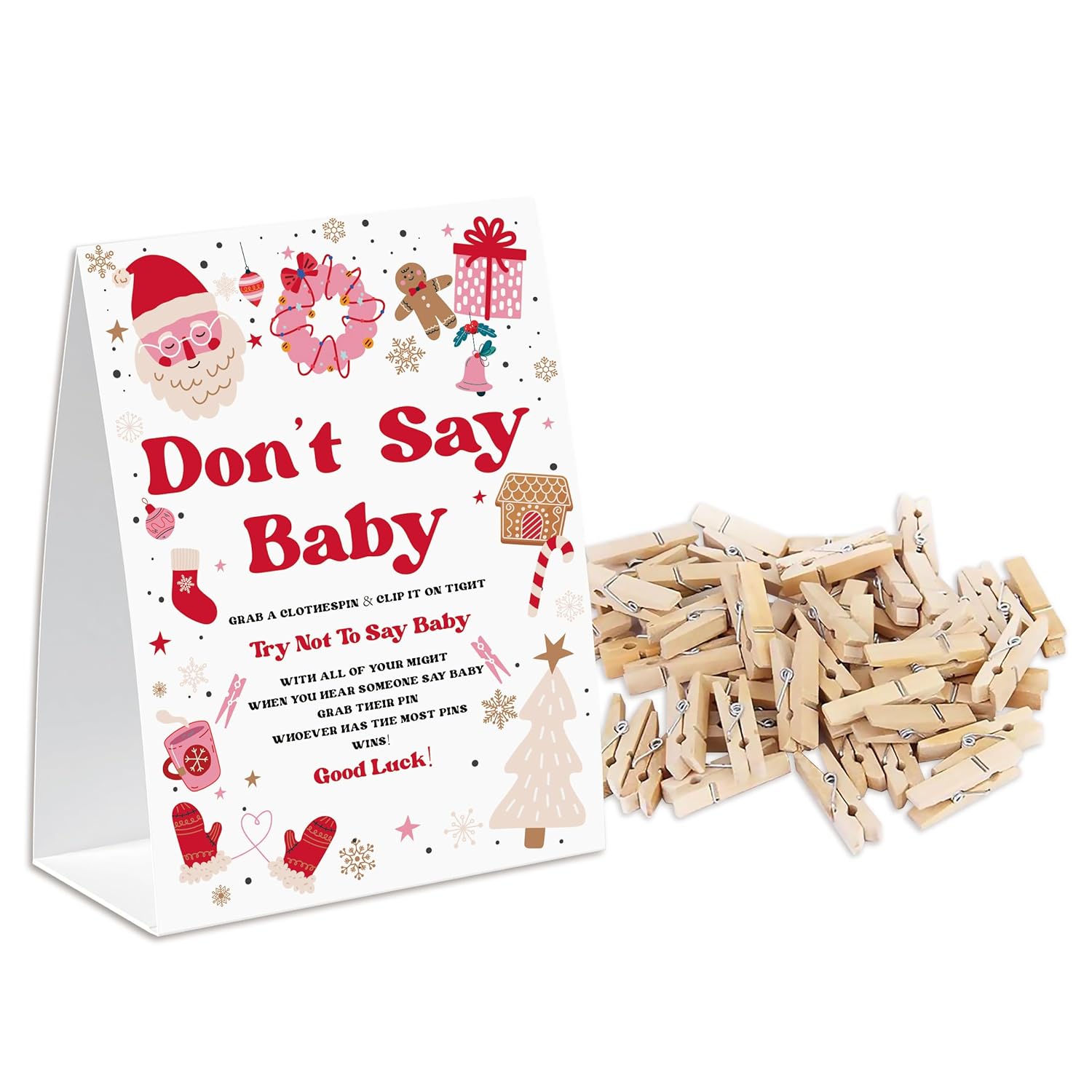 Christmas Don'T Say Baby Set - One 5X7 Sign And 50 Mini Clothespins, Christmas Theme Baby Shower Game, Baby Shower Party Supplies, Baby Shower Decoration- Sd06
