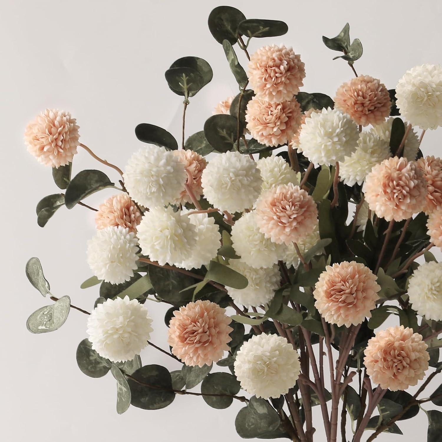 Beige White Faux Kiku Flower 25 Heads+18 Eucalyptus, Long Stem Pom Pom Fake Mums Artificial Flowers For Vase Silk Chrysanthemum For Centerpiece Bouquet Floral Arrangement Tan Nude Neutral Cream