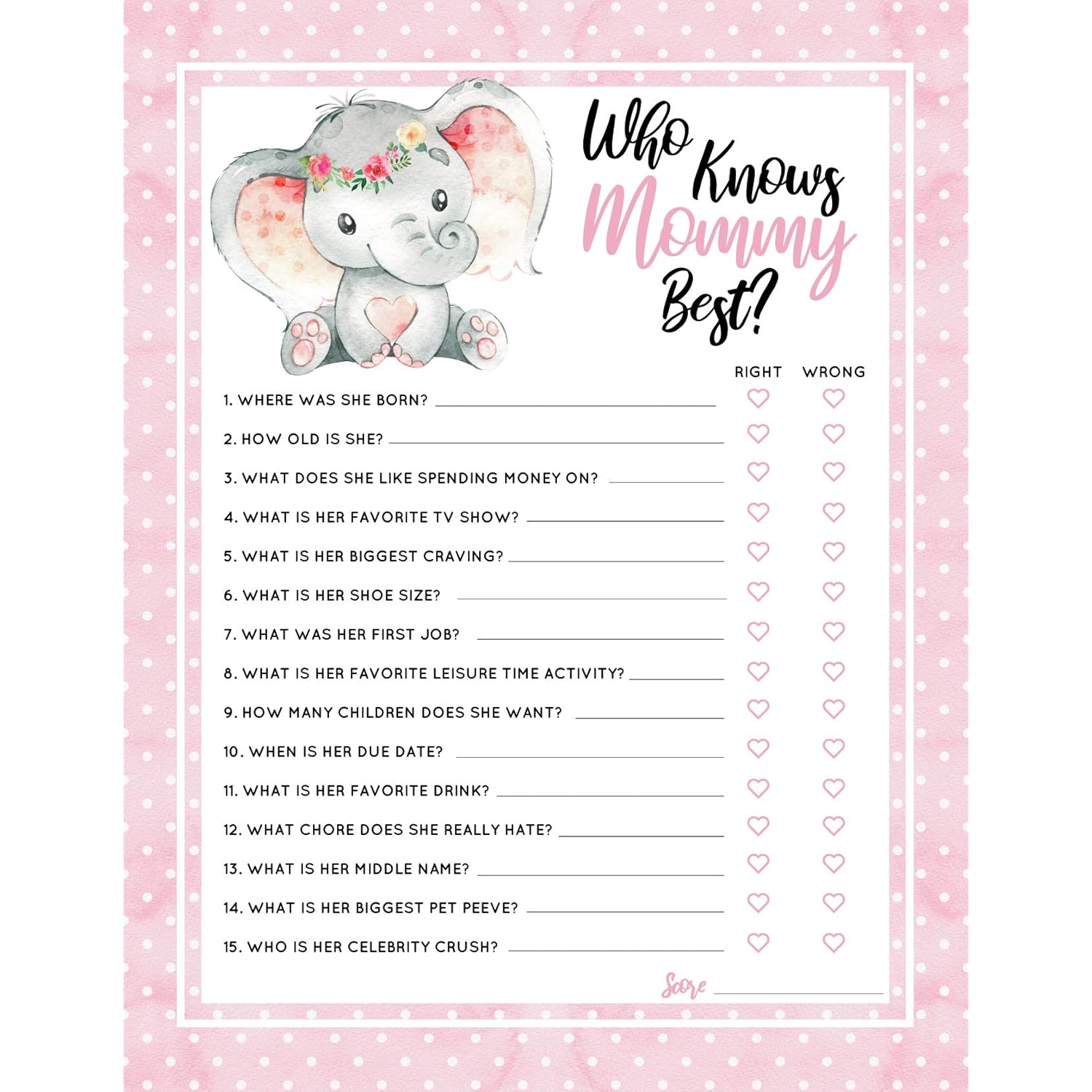 30 Pink Elephant Who Knows Mommy Best Baby Shower Game And Activity Easy To Play- Gender Reveal New Parent Women Men Or Kids