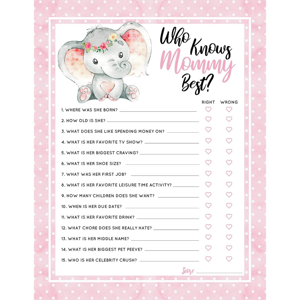 30 Pink Elephant Who Knows Mommy Best Baby Shower Game And Activity Easy To Play- Gender Reveal New Parent Women Men Or Kids