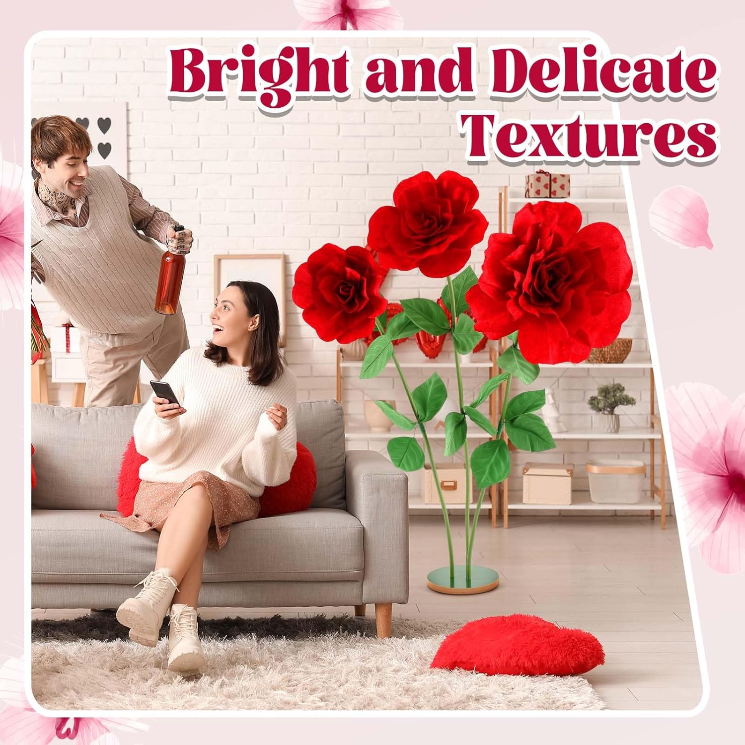 1 Set 4.5 Ft Valentine'S Day Giant Artificial Flowers Giant Rose For Valentines Decorations Huge Flannel Flower With Standing Base Creative Gift For Window Reception Banquet Ceremony (Red)