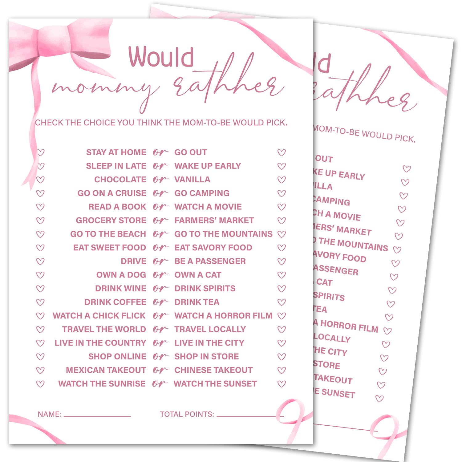Pink Bow Baby Shower Games, Would Mommy Rather Game Cards, 30 Double-Sided Game Cards, Baby Shower Games Activity Gender Reveal Party Supplies -P15