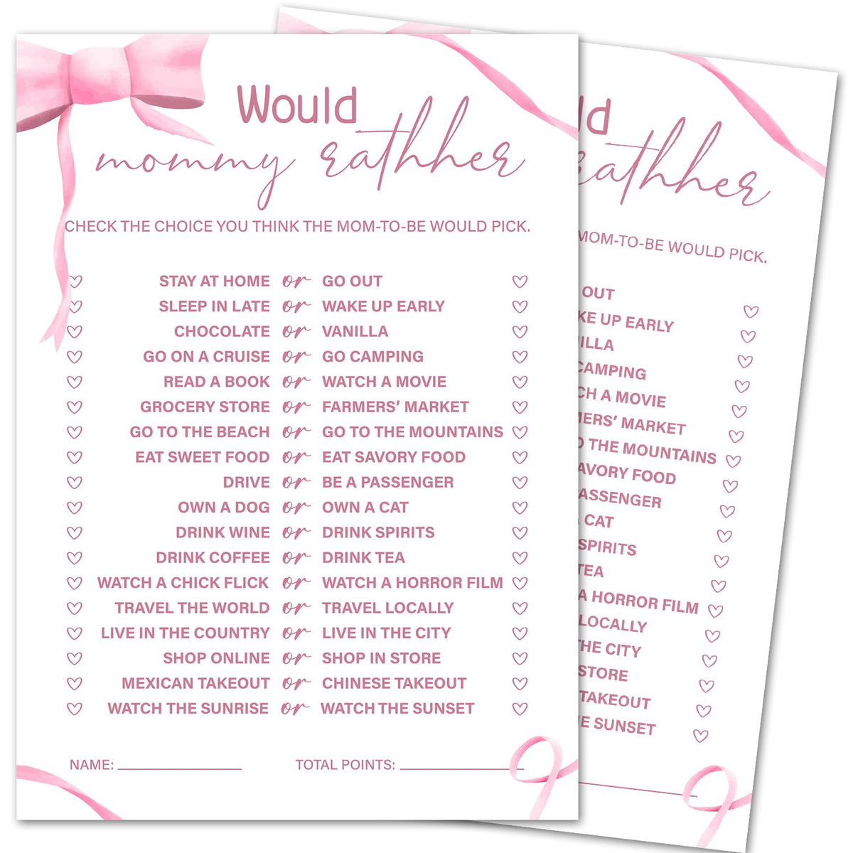 Pink Bow Baby Shower Games, Would Mommy Rather Game Cards, 30 Double-Sided Game Cards, Baby Shower Games Activity Gender Reveal Party Supplies -P15